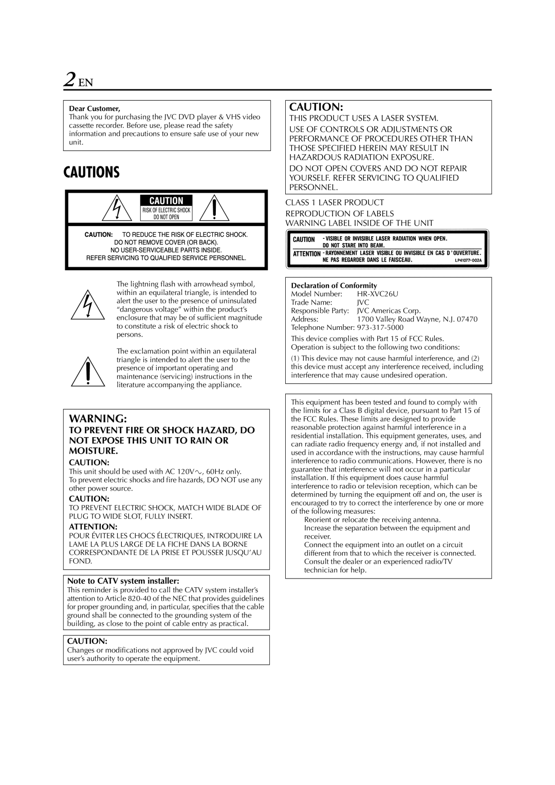 JVC HR-XVC26U manual Dear Customer, Declaration of Conformity 