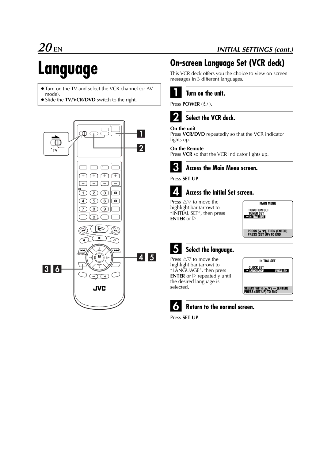 JVC HR-XVC26U manual Language, 20 EN 