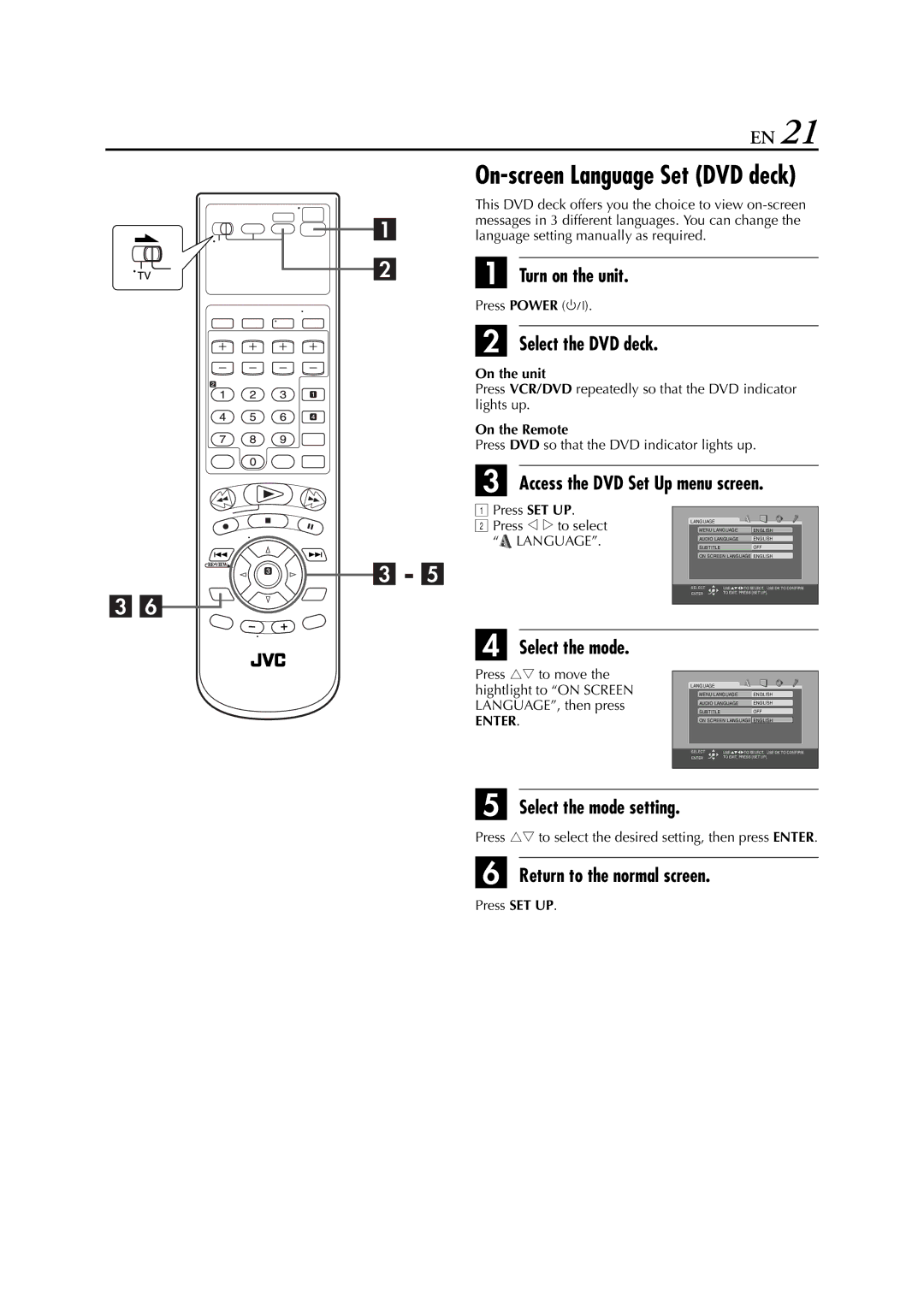 JVC HR-XVC26U manual On-screen Language Set DVD deck, Press w e to select Language 