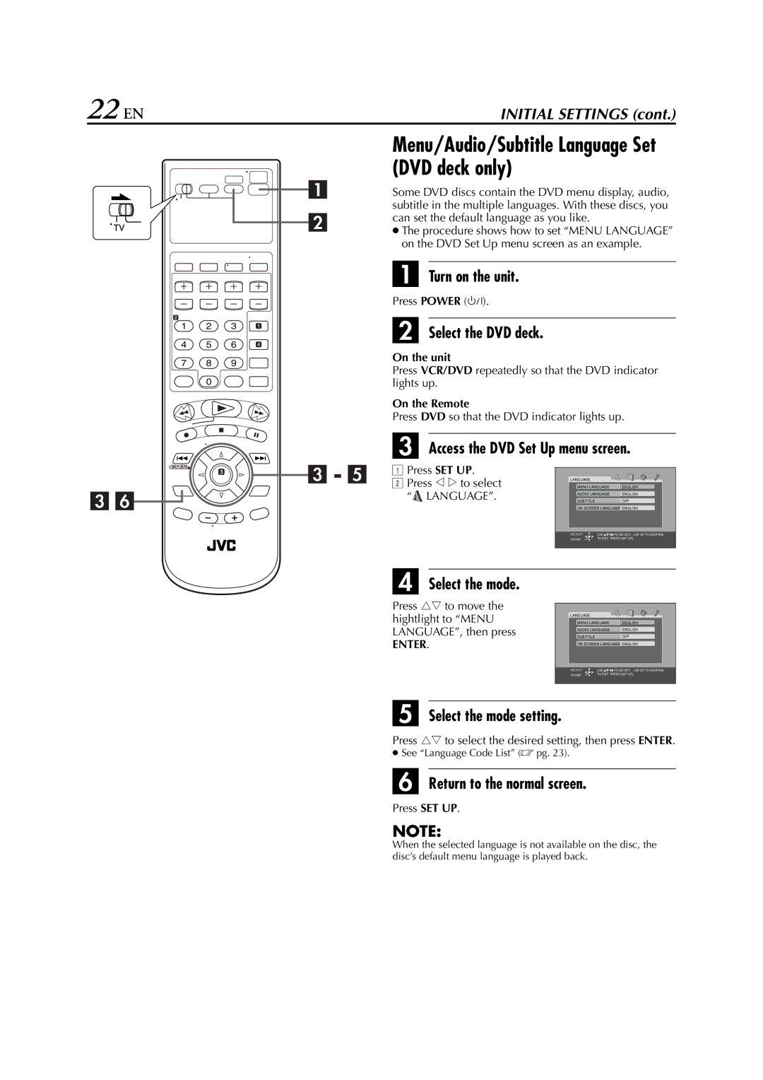 JVC HR-XVC26U 22 EN, Can set the default language as you like, On the DVD Set Up menu screen as an example, Lights up 