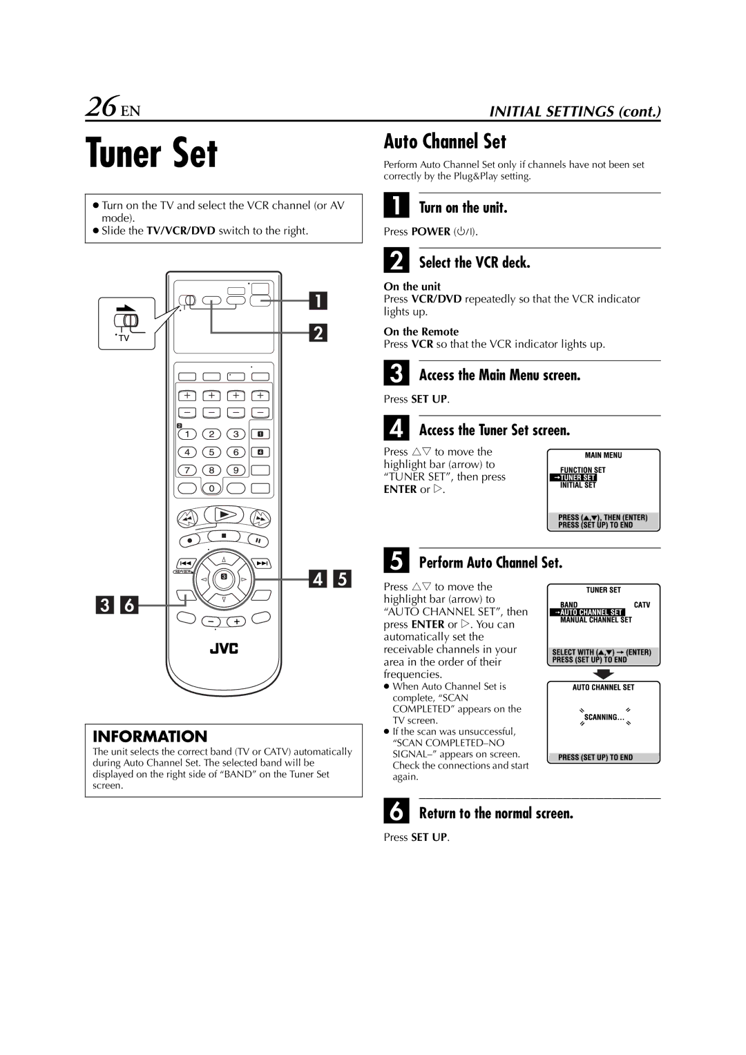 JVC HR-XVC26U manual 26 EN, Access the Tuner Set screen, Perform Auto Channel Set 