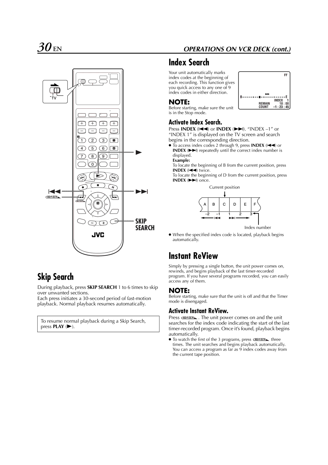 JVC HR-XVC26U manual 30 EN, Skip Search, Index Search, Instant ReView 