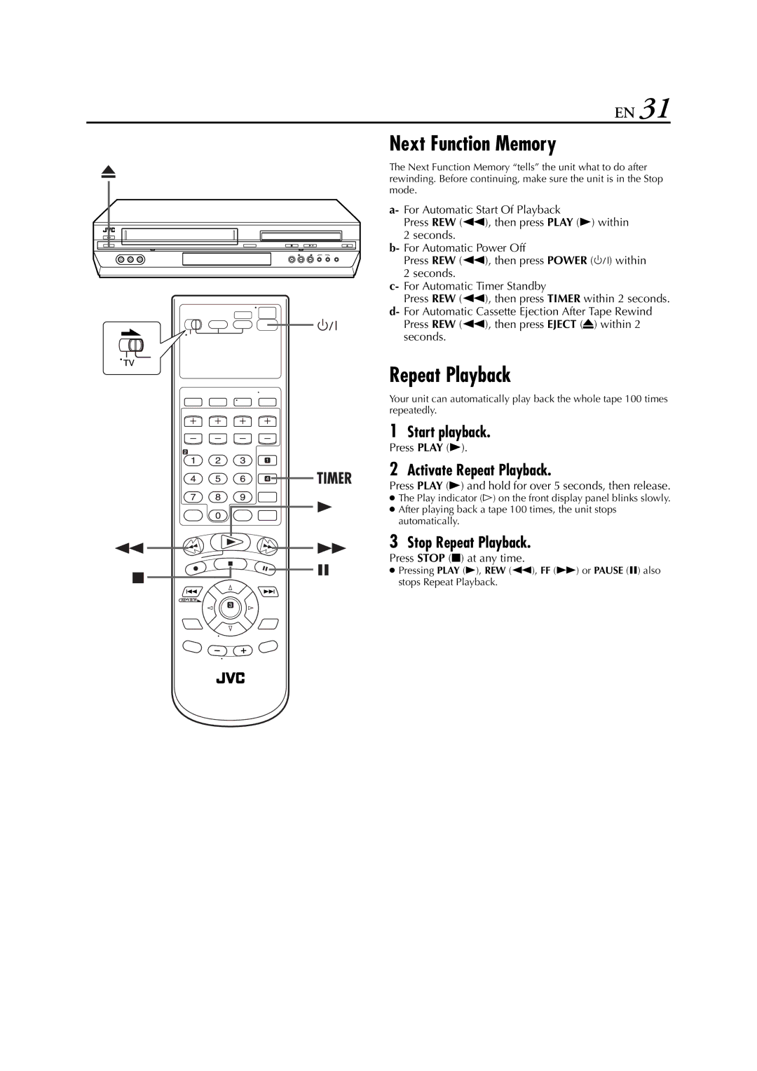 JVC HR-XVC26U manual Next Function Memory, Activate Repeat Playback, Stop Repeat Playback 