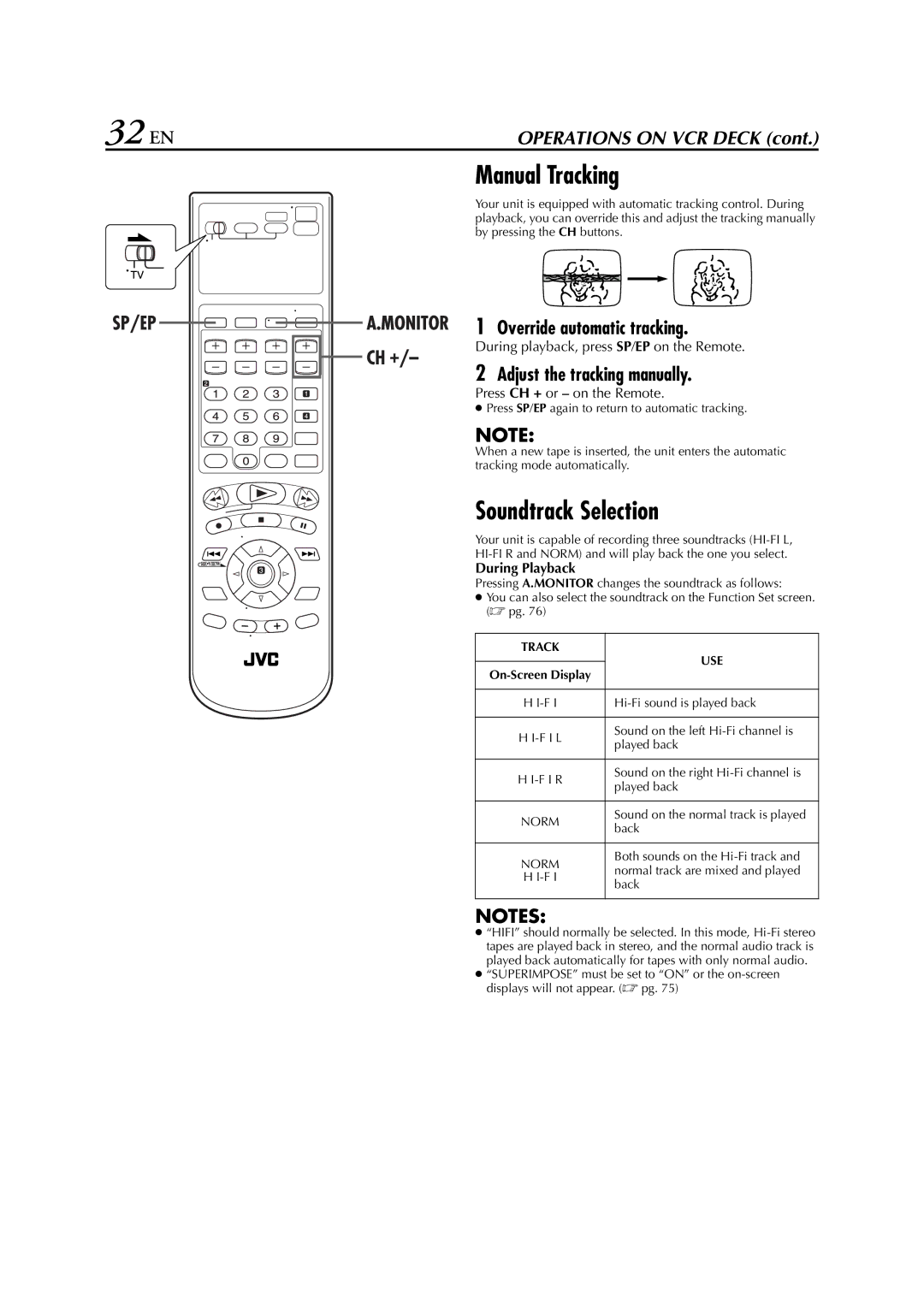 JVC HR-XVC26U Manual Tracking, Soundtrack Selection, Override automatic tracking, Adjust the tracking manually 