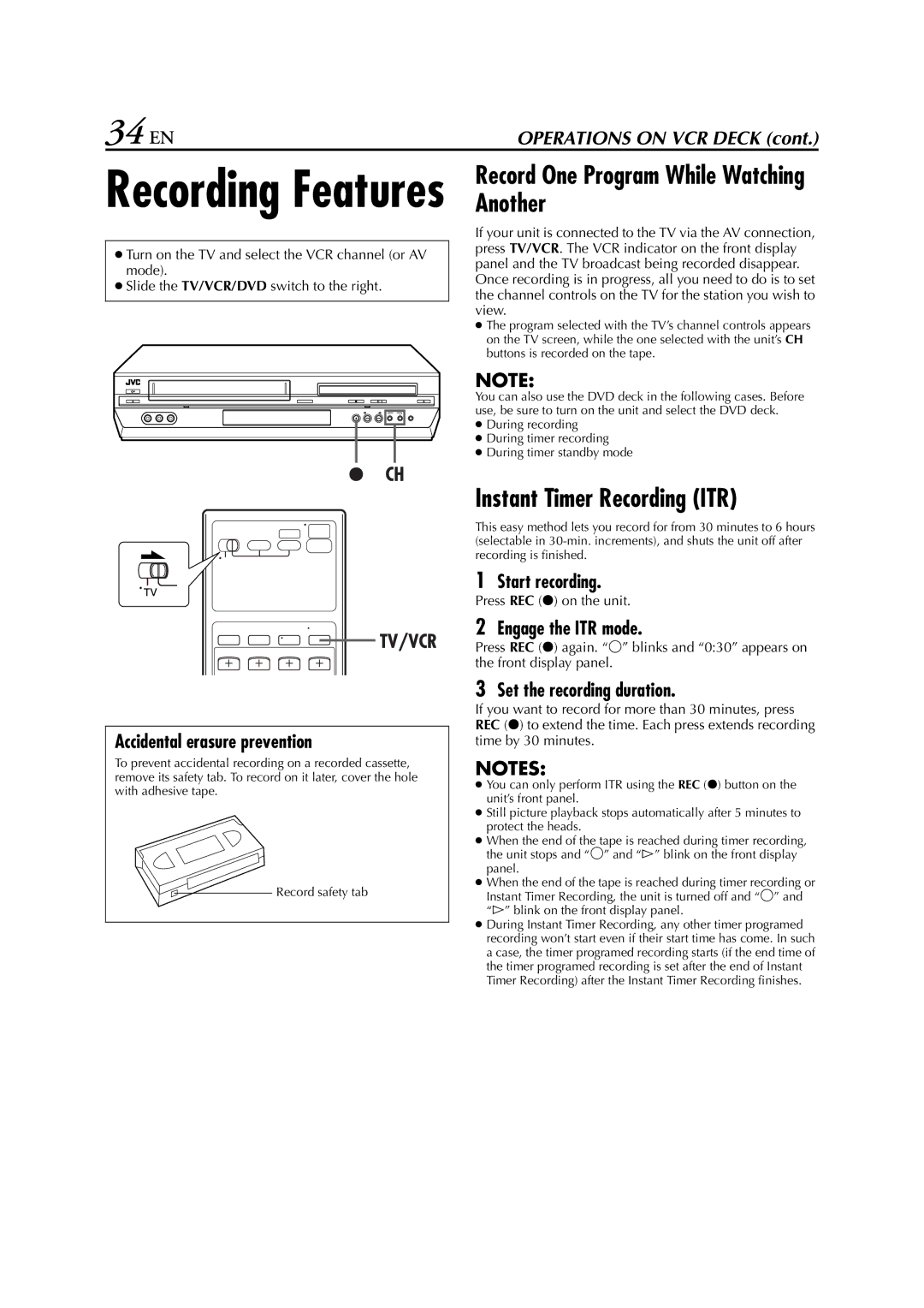 JVC HR-XVC26U manual 34 EN, Record One Program While Watching Another, Instant Timer Recording ITR 