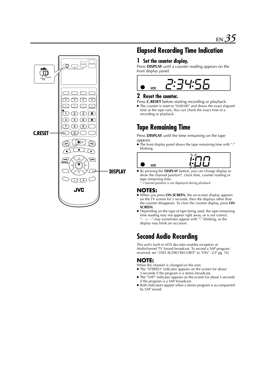 JVC HR-XVC26U manual Tape Remaining Time, Second Audio Recording, Set the counter display, Reset the counter 