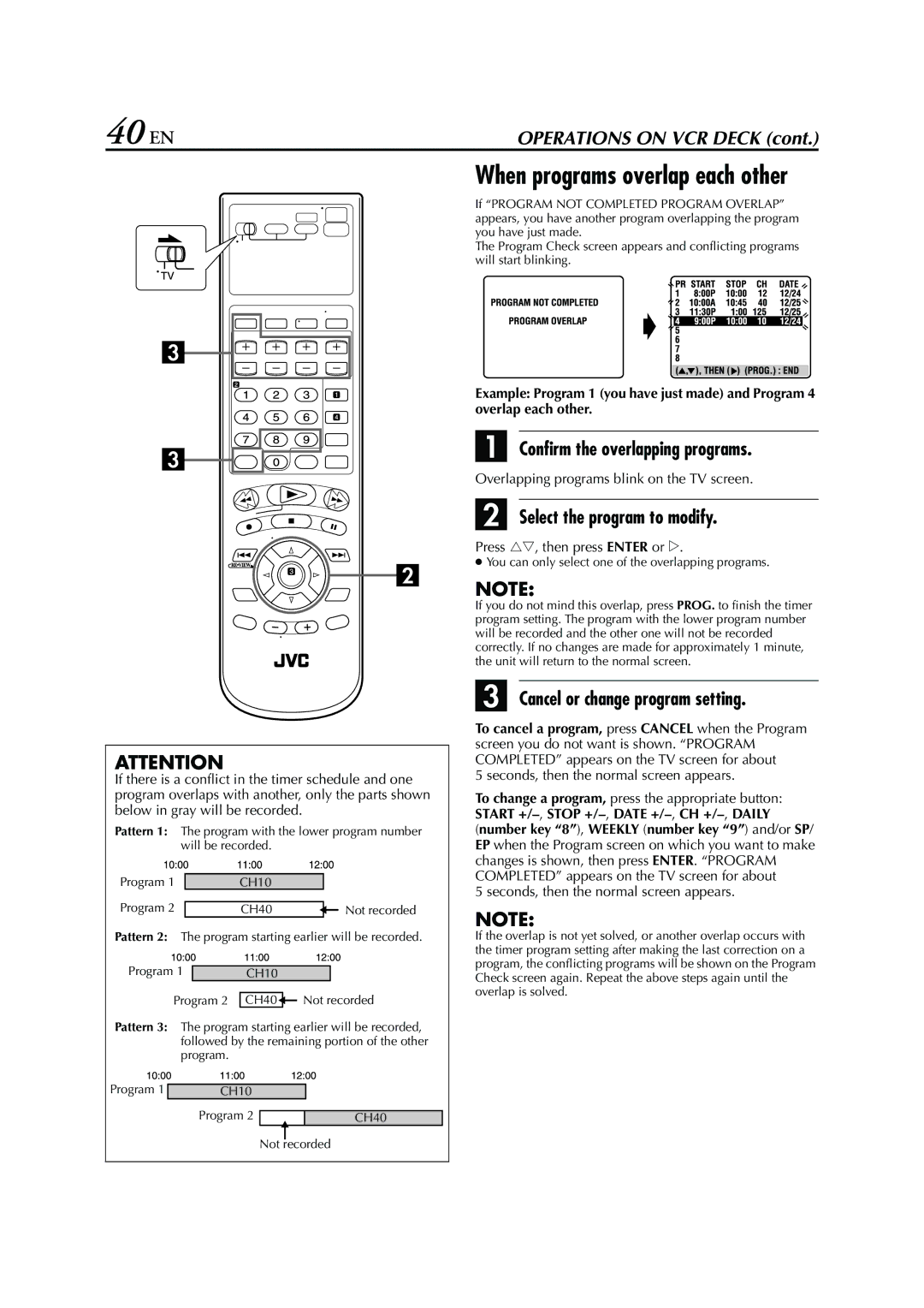 JVC HR-XVC26U 40 EN, Confirm the overlapping programs, Select the program to modify, Cancel or change program setting 