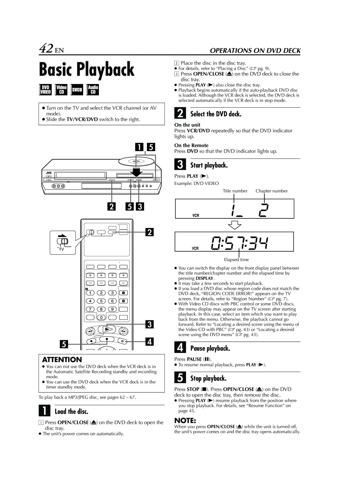 JVC HR-XVC26U manual 42 EN, Load the disc, Pause playback, Start playback, Press Play 