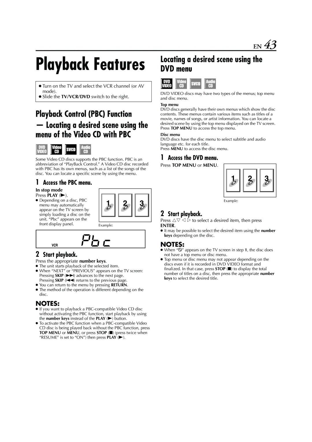 JVC HR-XVC26U manual Locating a desired scene using the DVD menu, Access the PBC menu, Access the DVD menu, Stop mode 