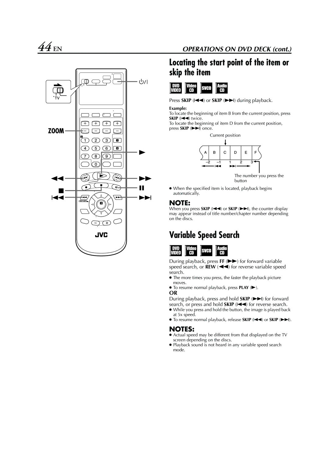 JVC HR-XVC26U manual Locating the start point of the item or skip the item, Press Skip 2 or Skip 6 during playback 