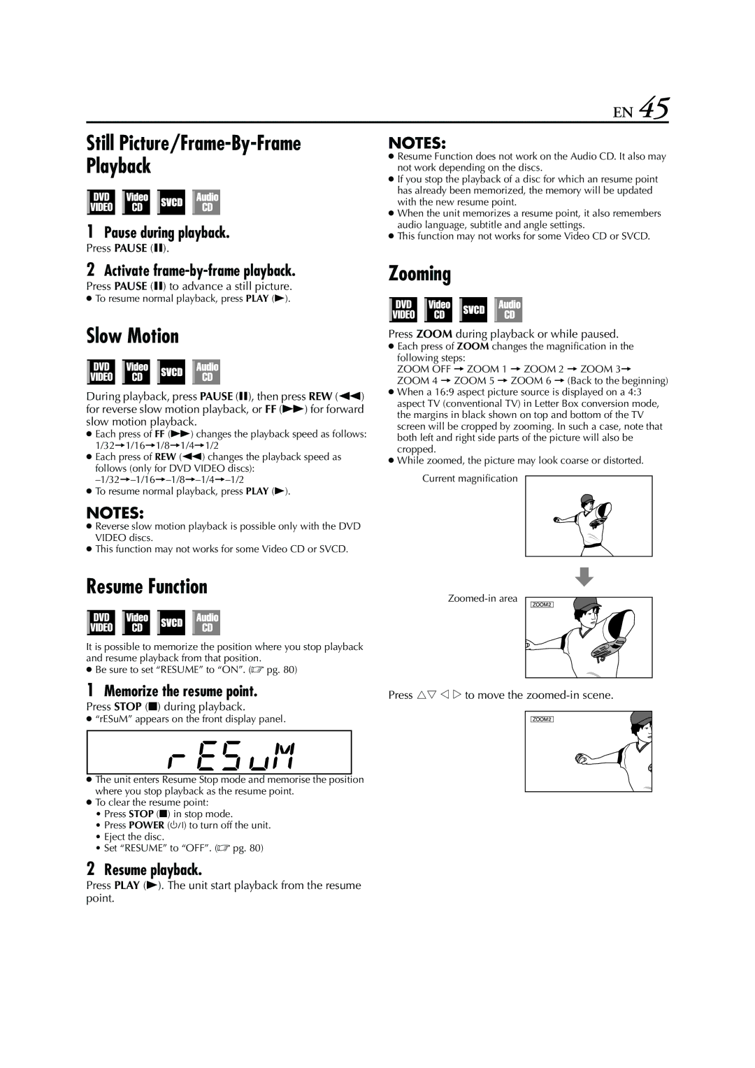 JVC HR-XVC26U manual Resume Function, Zooming, Memorize the resume point, Resume playback 