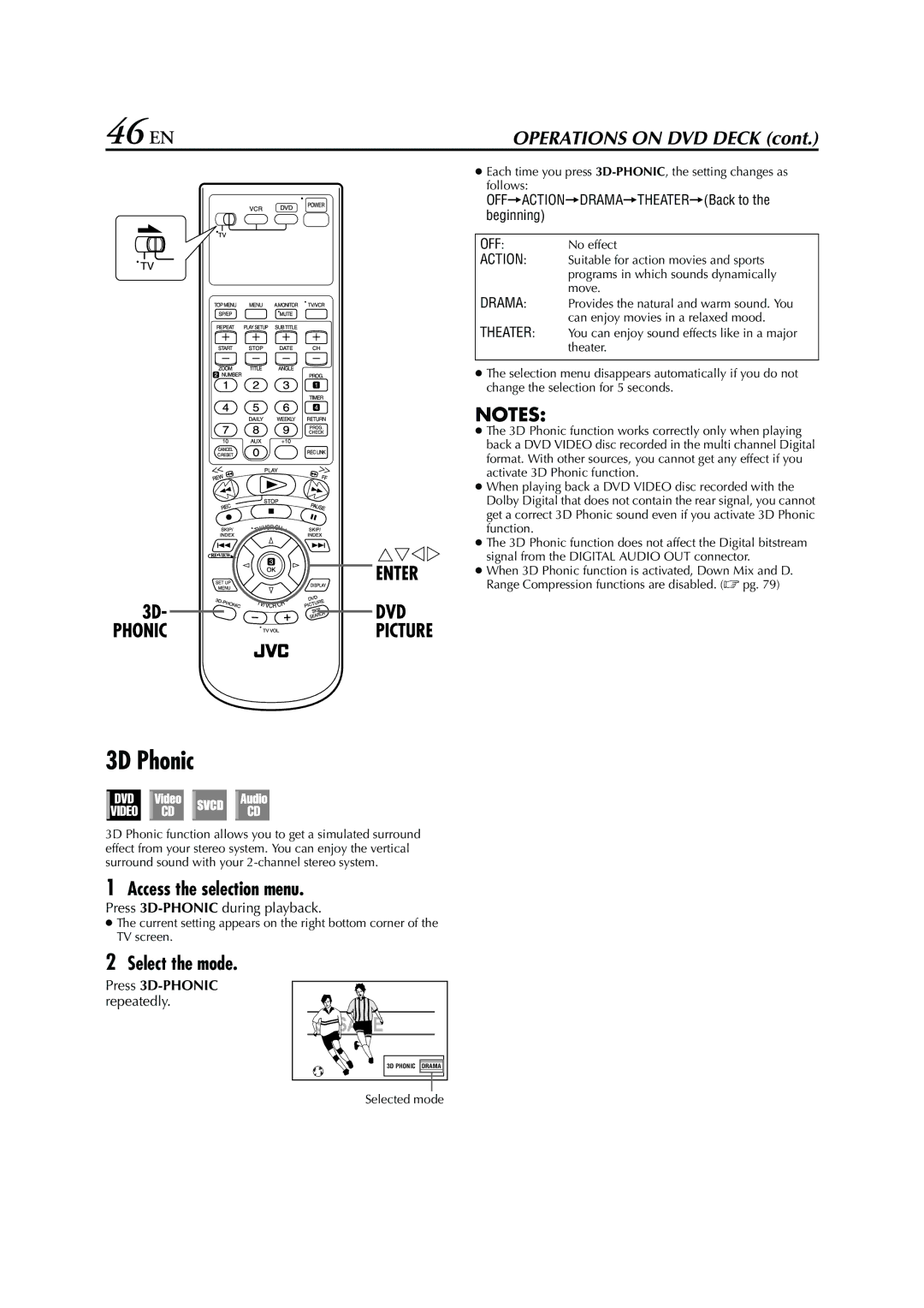 JVC HR-XVC26U 46 EN, 3D Phonic, Access the selection menu, Press 3D-PHONICduring playback, Press 3D-PHONIC repeatedly 