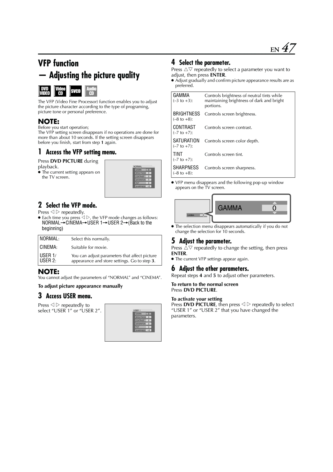 JVC HR-XVC26U manual VFP function Adjusting the picture quality 