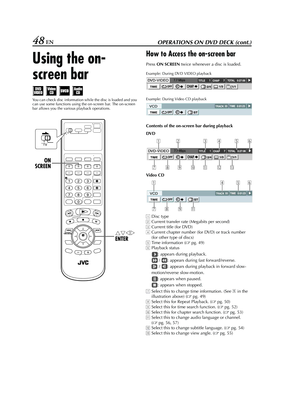 JVC HR-XVC26U manual 48 EN, Press on Screen twice whenever a disc is loaded, Contents of the on-screen bar during playback 