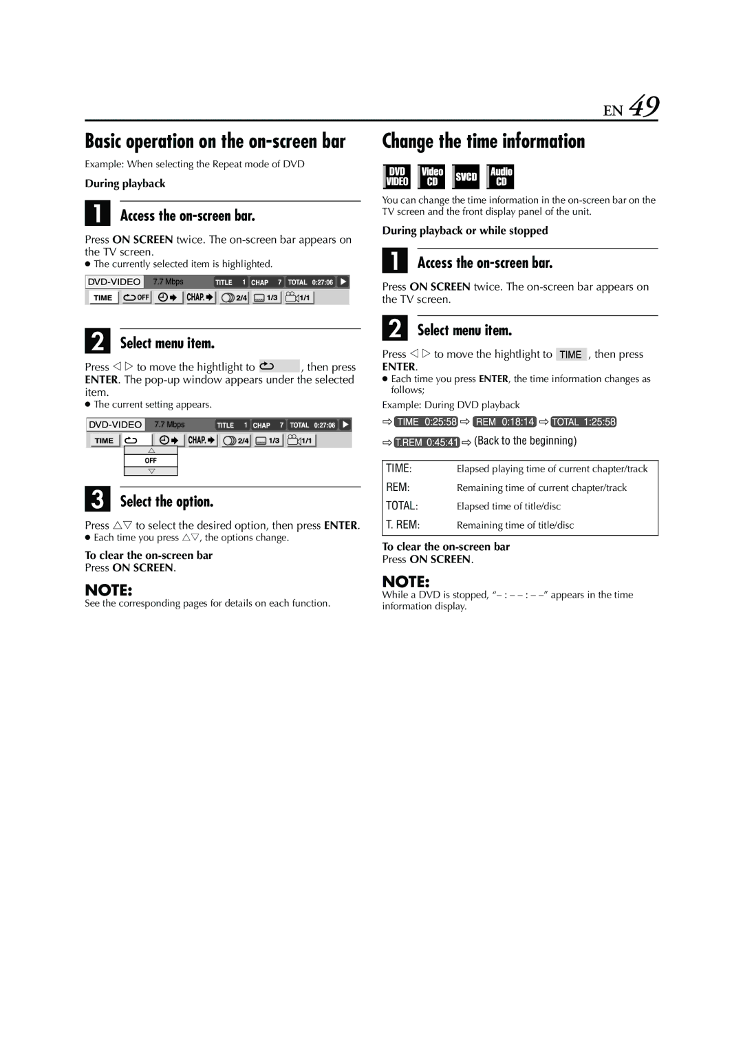 JVC HR-XVC26U manual Change the time information, Access the on-screen bar, Select the option, Select menu item 