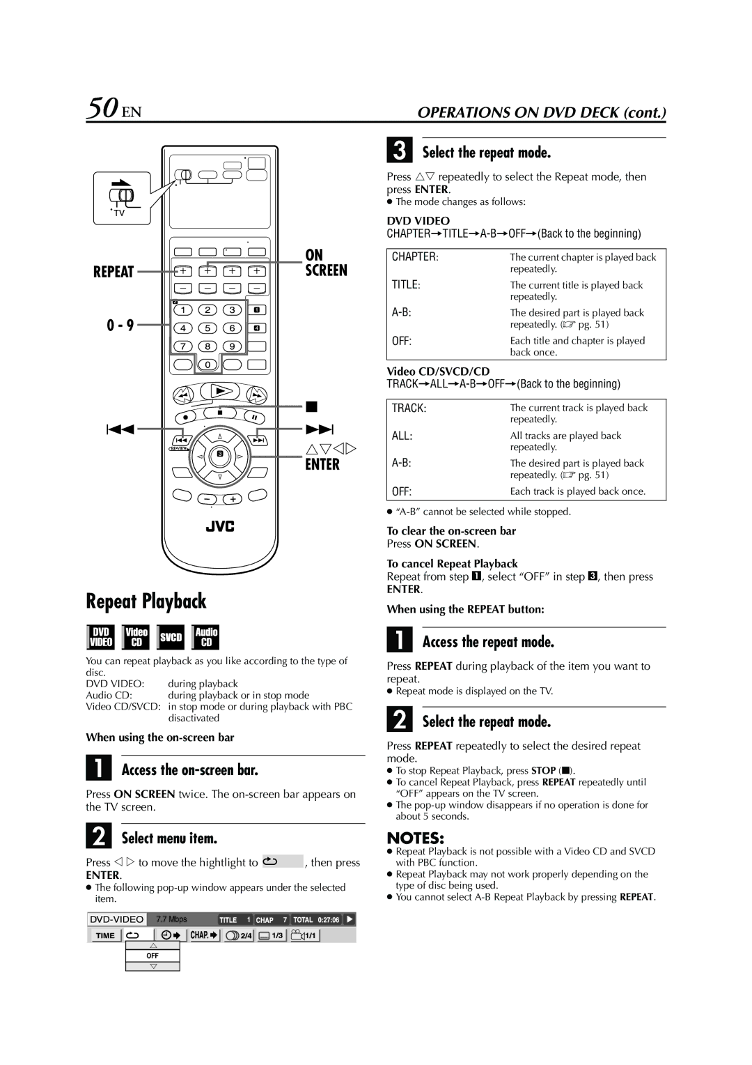 JVC HR-XVC26U manual 50 EN, Select the repeat mode, Access the repeat mode 