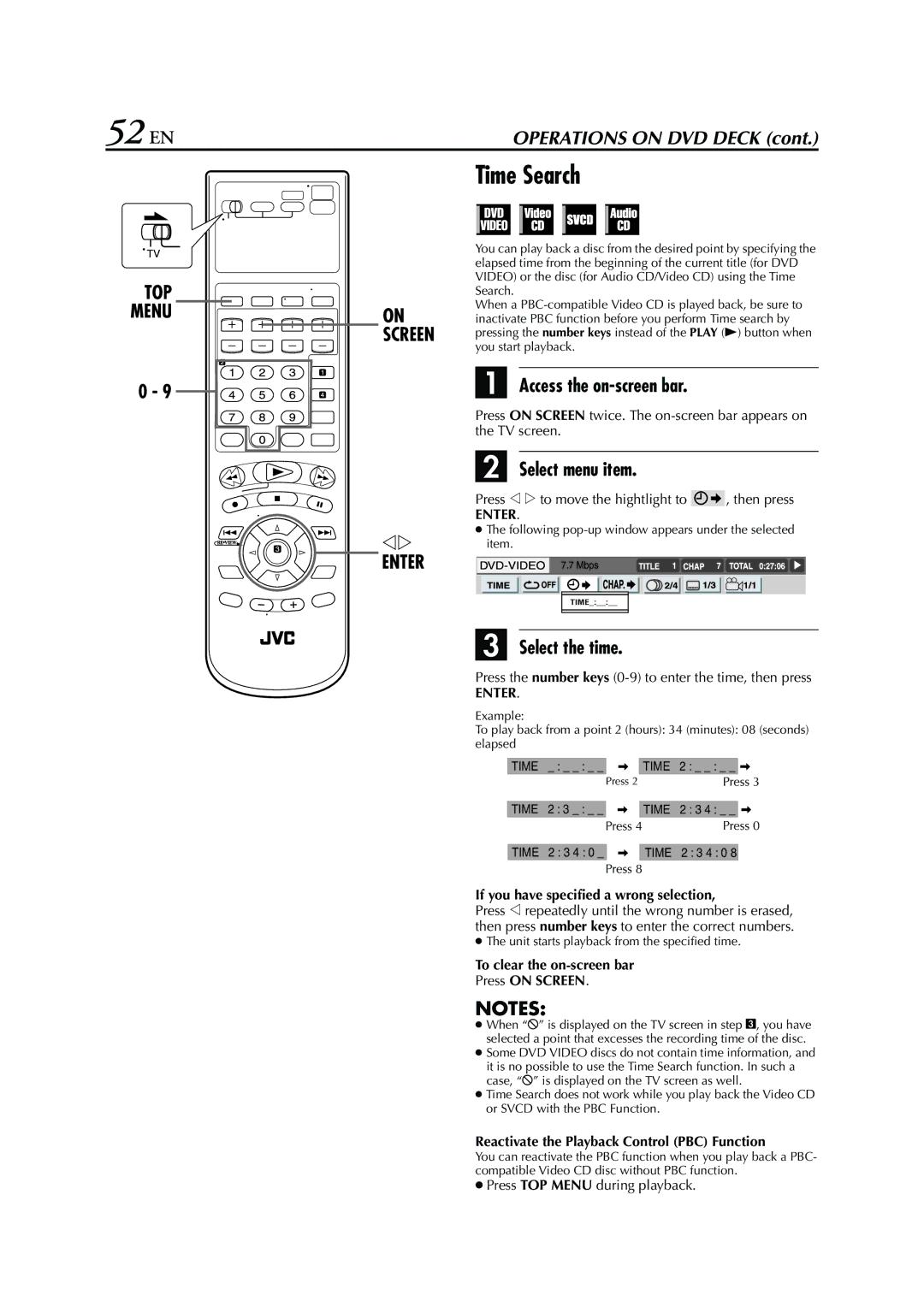 JVC HR-XVC26U manual 52 EN, Time Search, Select the time, If you have specified a wrong selection 