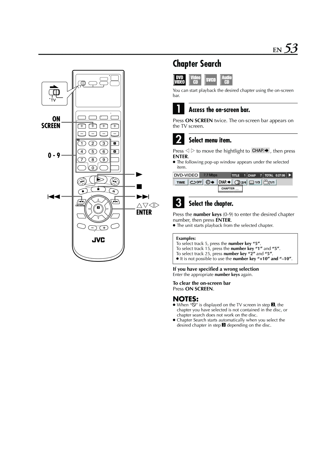 JVC HR-XVC26U manual Chapter Search, Select the chapter, Examples 