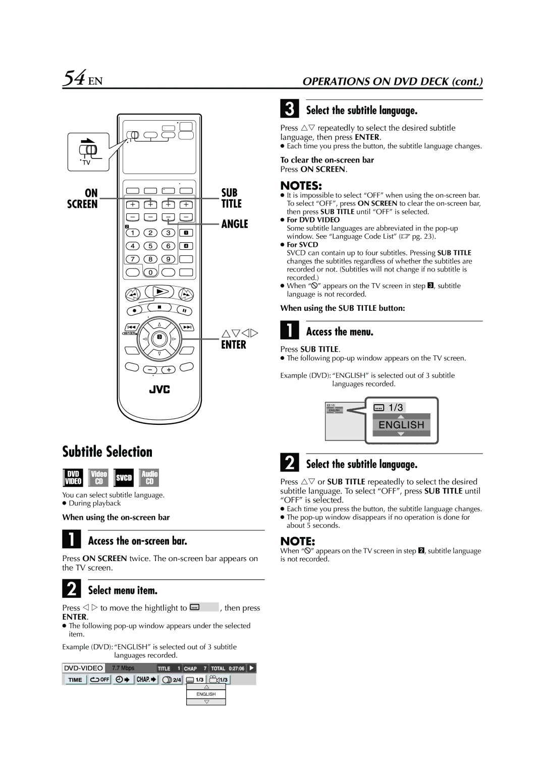 JVC HR-XVC26U manual 54 EN, Subtitle Selection, Select the subtitle language, Access the menu 