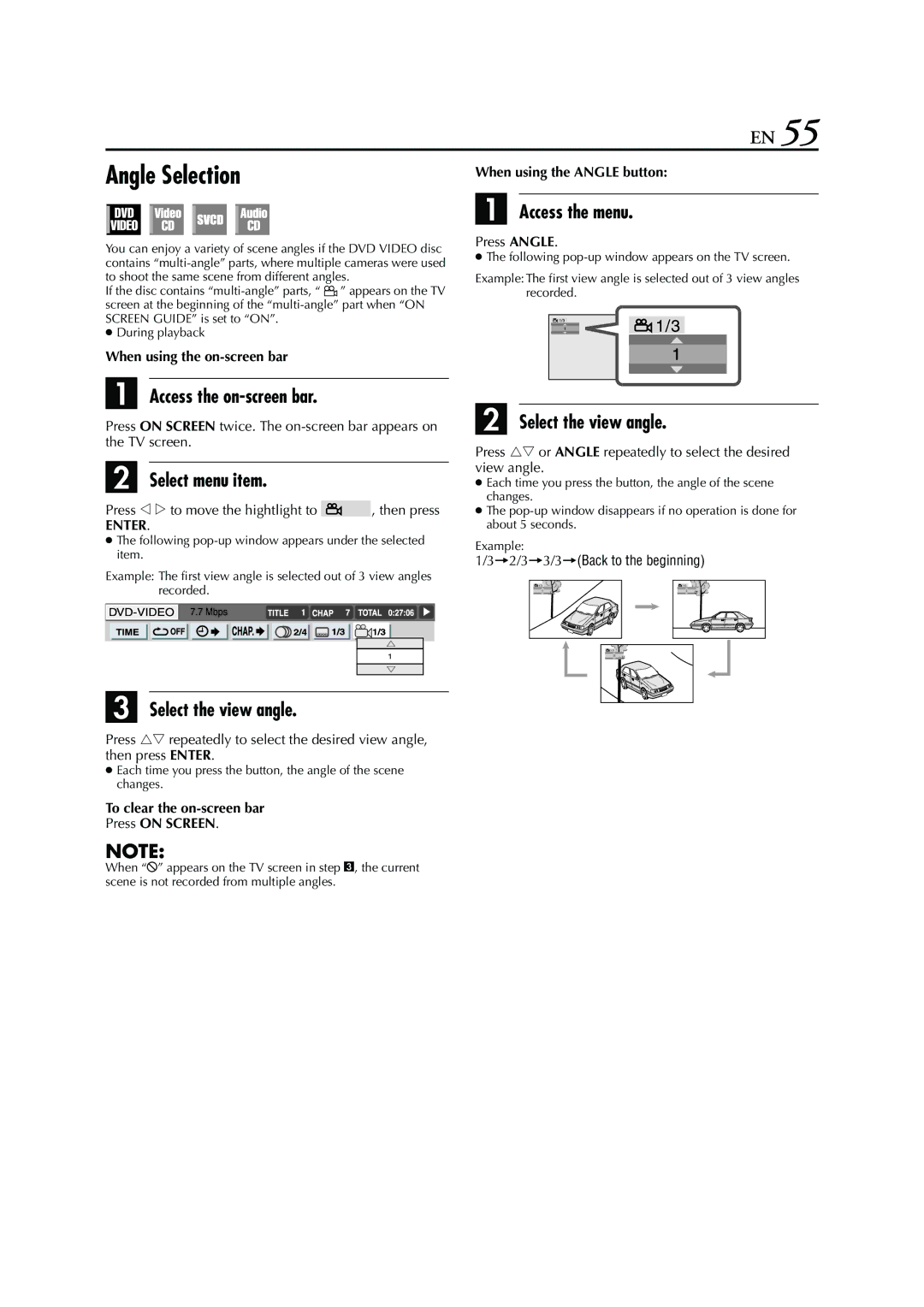 JVC HR-XVC26U manual Angle Selection, Select the view angle, When using the Angle button, Press Angle 