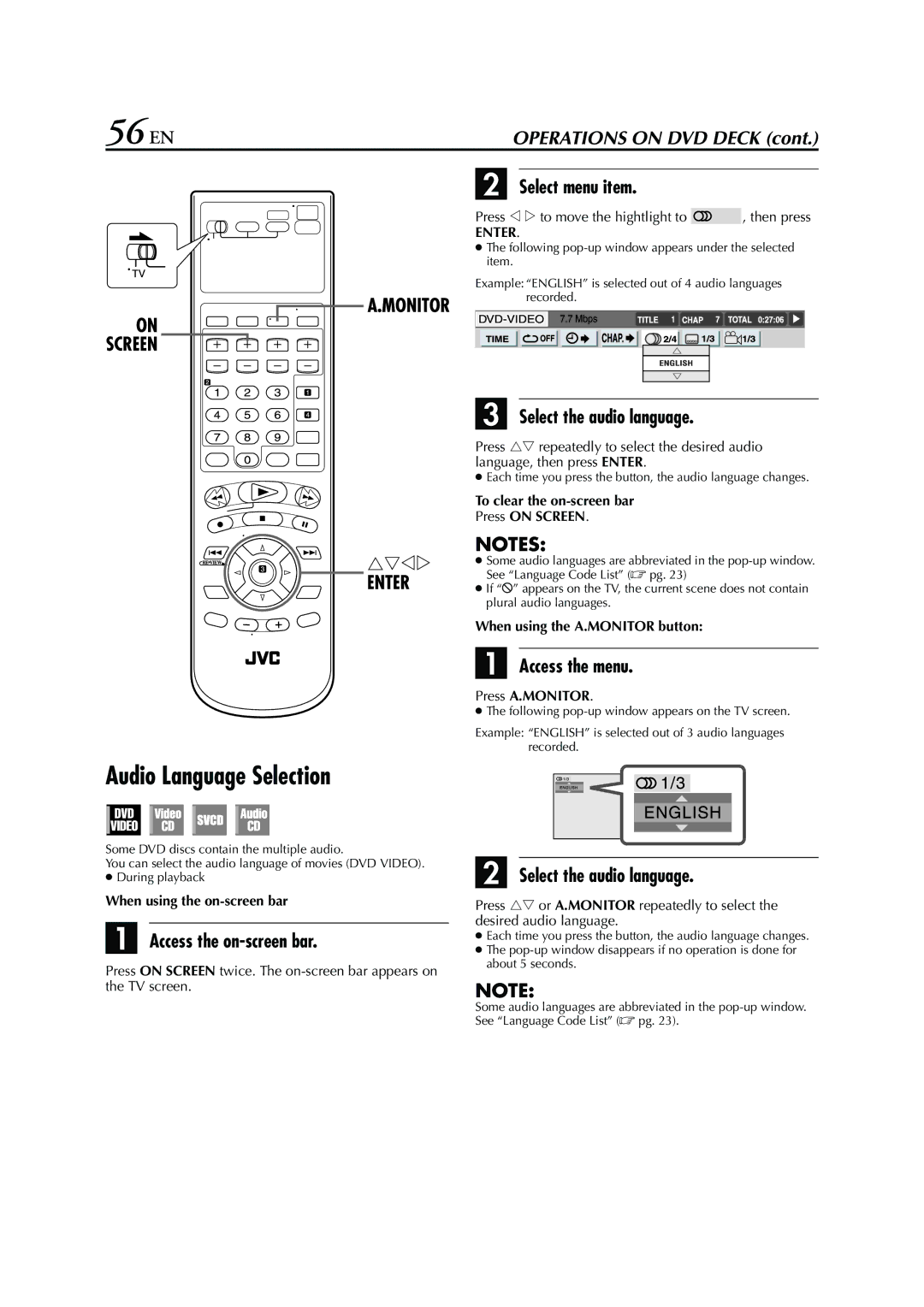 JVC HR-XVC26U 56 EN, Audio Language Selection, Select the audio language, When using the A.MONITOR button, Press A.MONITOR 