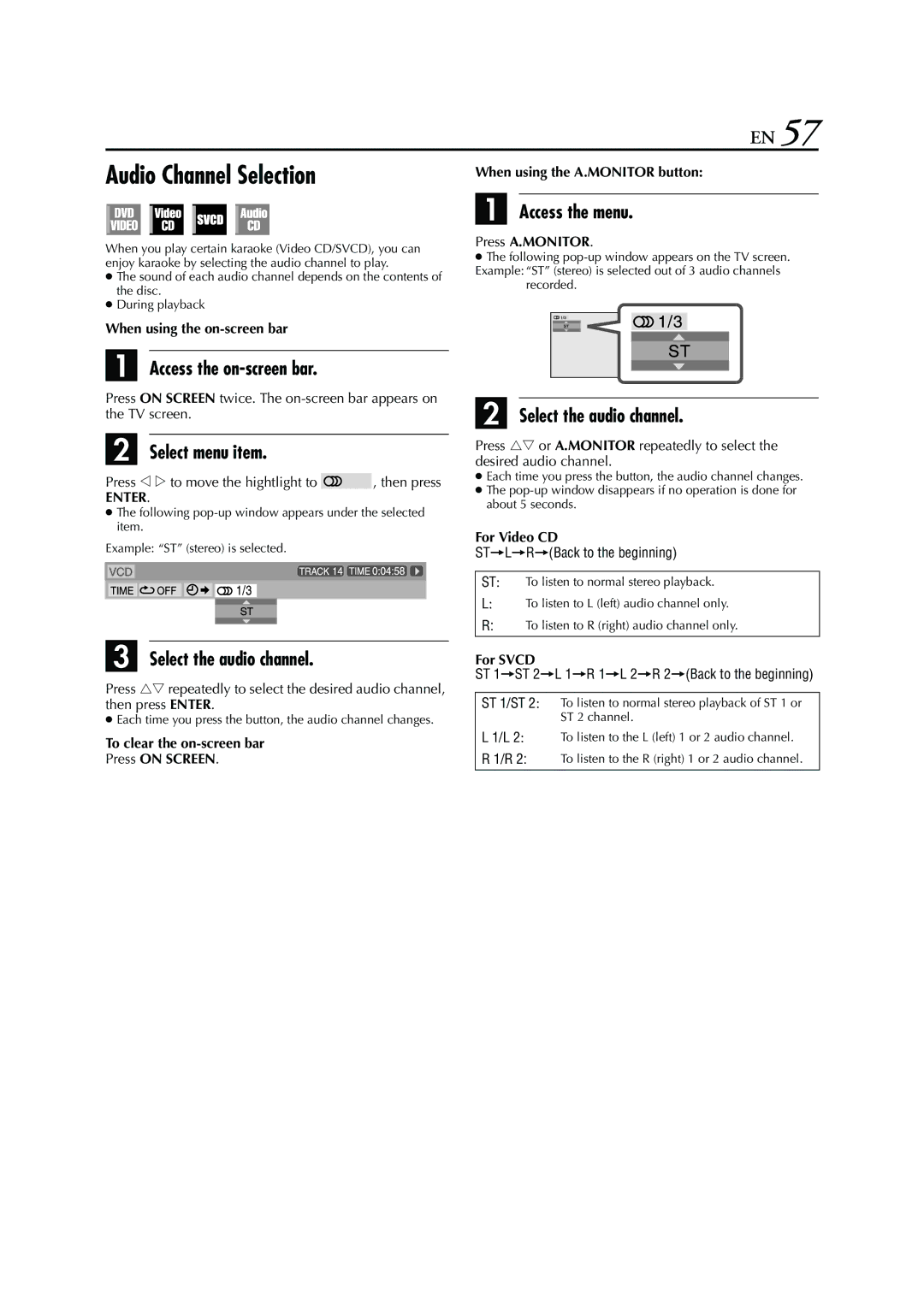 JVC HR-XVC26U manual Audio Channel Selection, Select the audio channel, For Video CD, For Svcd 