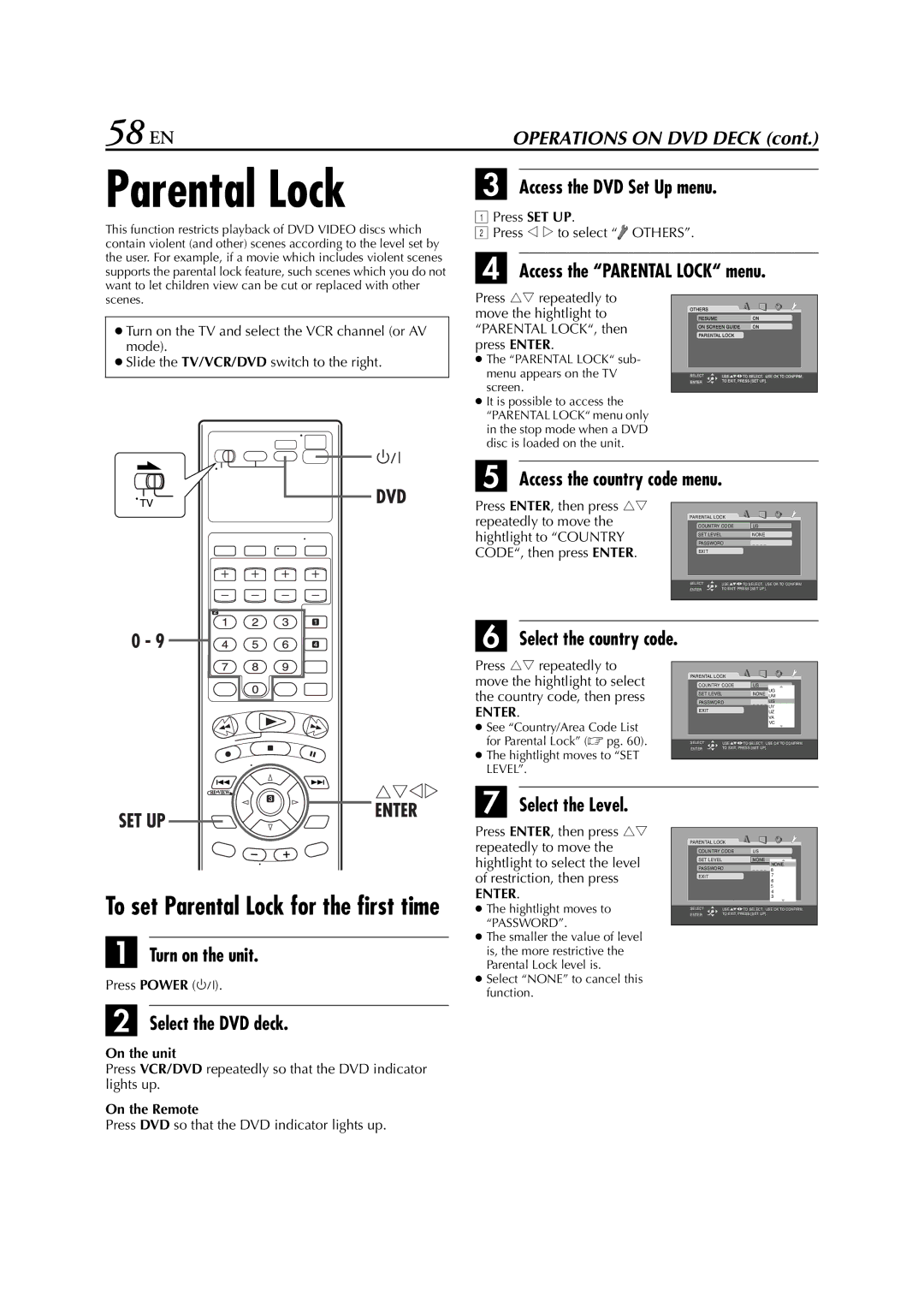 JVC HR-XVC26U manual Parental Lock, 58 EN 