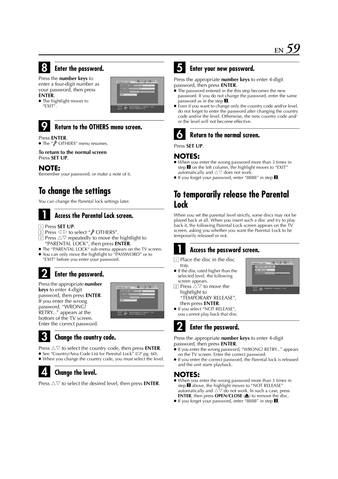 JVC HR-XVC26U manual To change the settings, To temporarily release the Parental Lock 