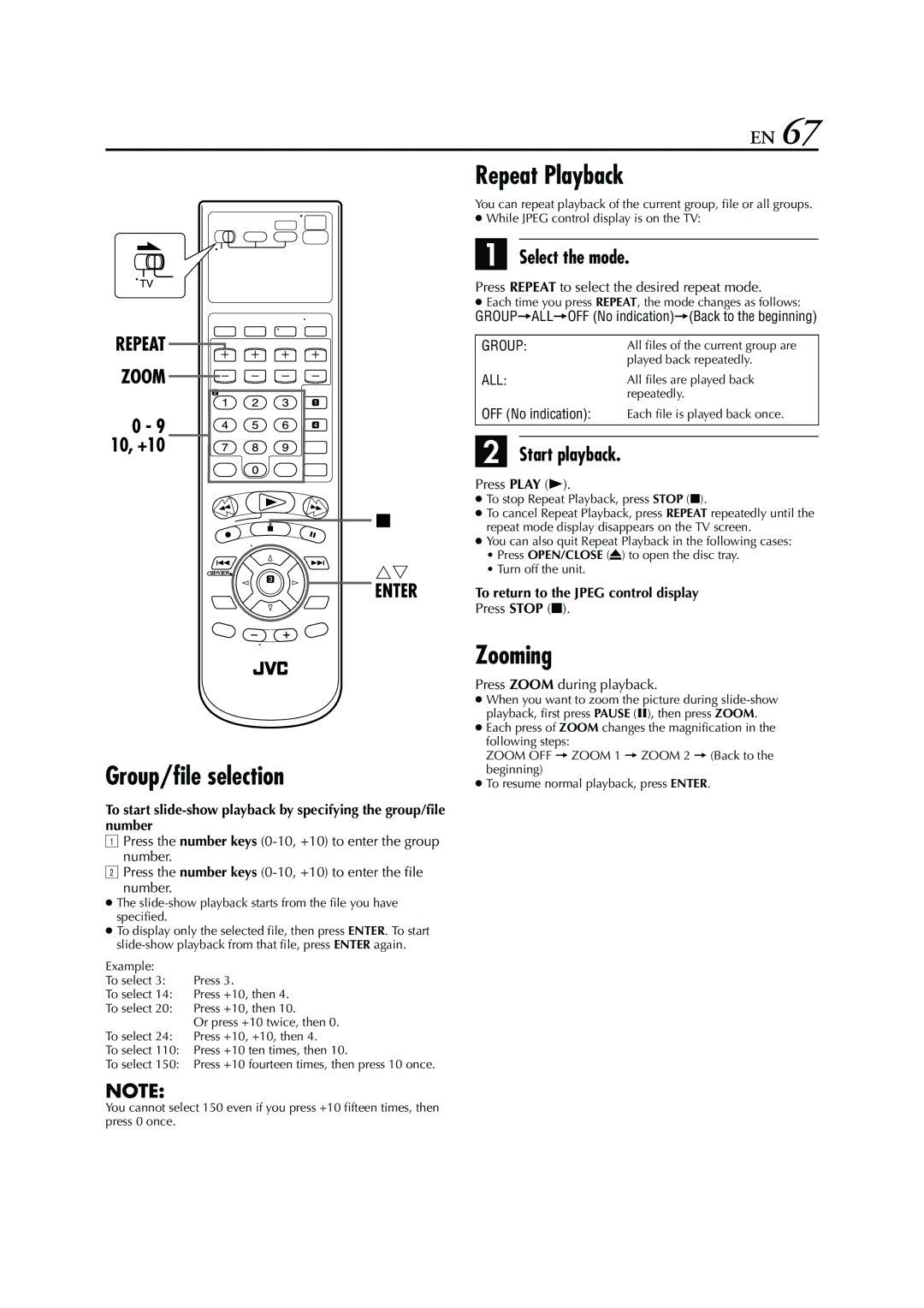 JVC HR-XVC26U manual Group/file selection, To return to the Jpeg control display, Press Zoom during playback 