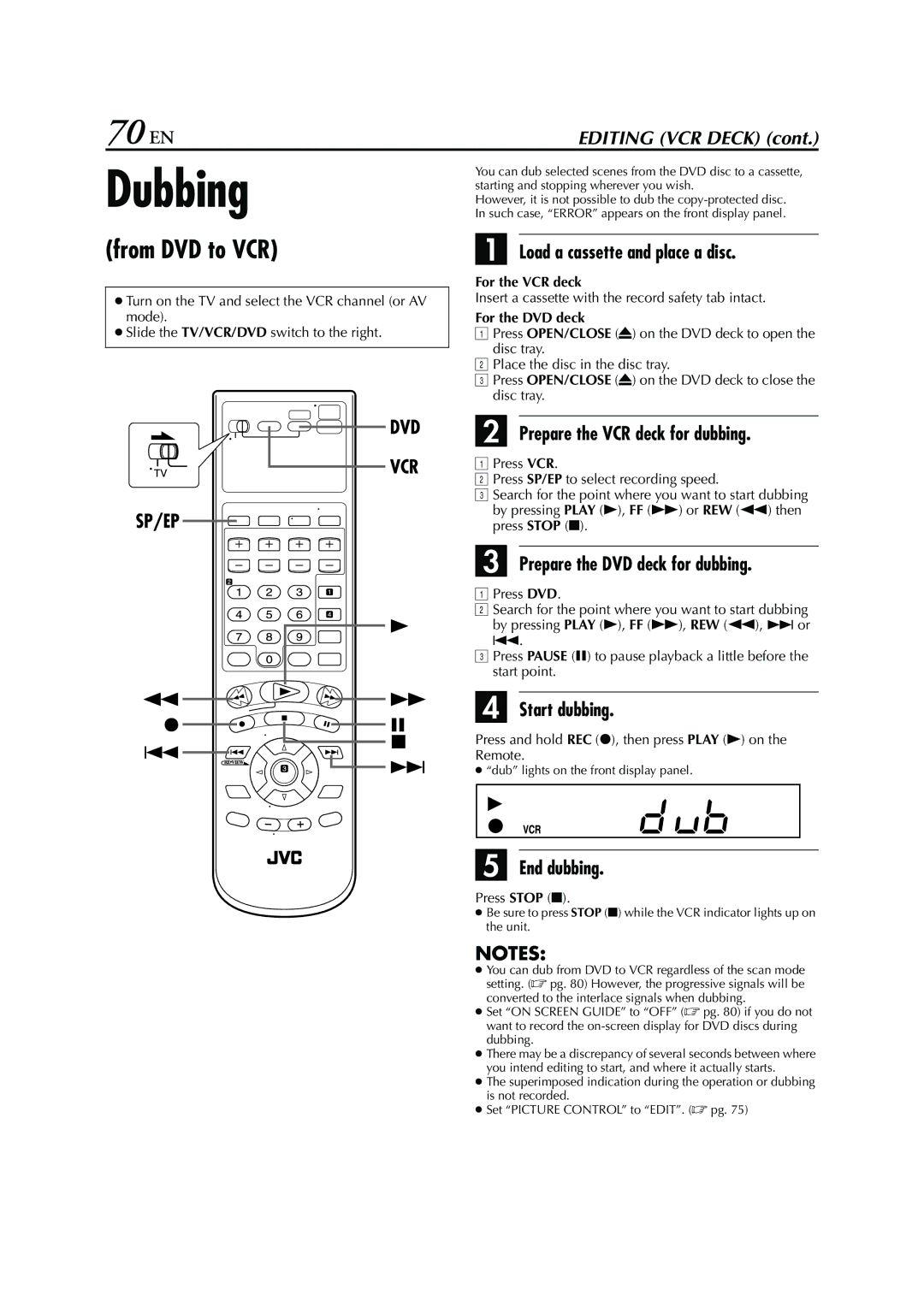 JVC HR-XVC26U manual Dubbing, 70 EN, From DVD to VCR 