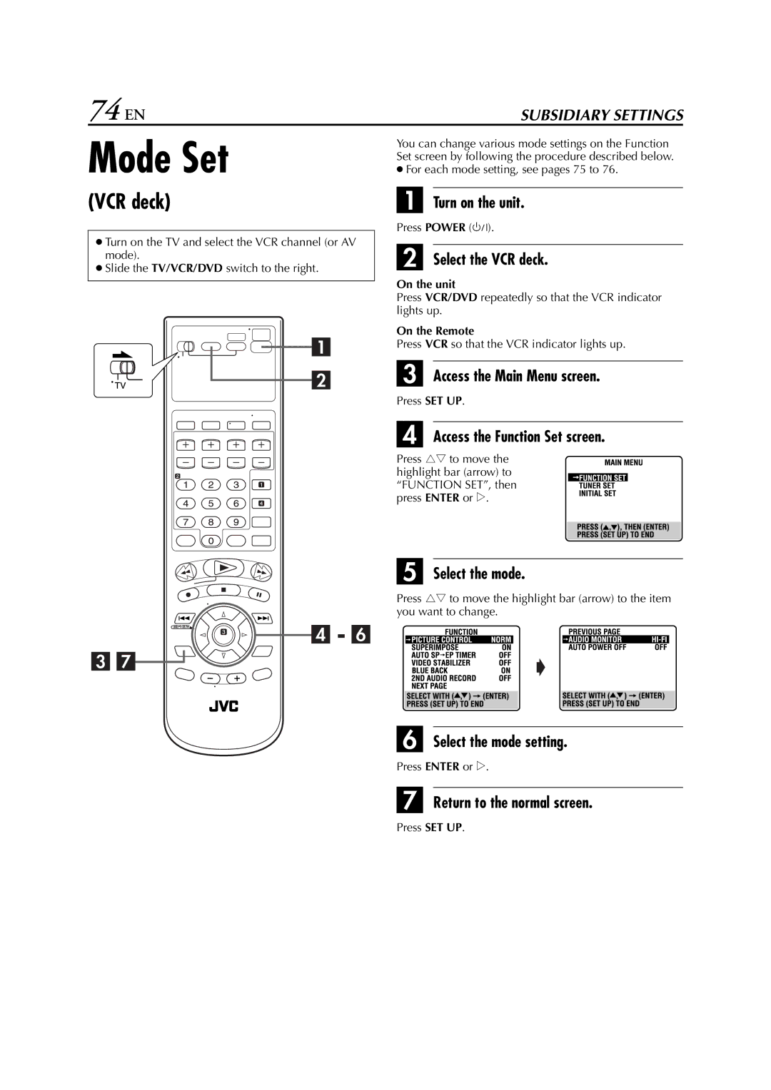 JVC HR-XVC26U manual Mode Set, 74 EN, VCR deck, Access the Function Set screen 