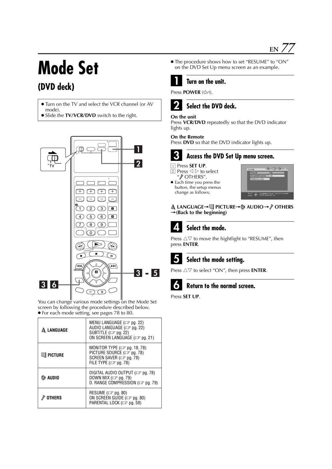 JVC HR-XVC26U manual For each mode setting, see pages 78 to, Language Picture Audio Others Back to the beginning 