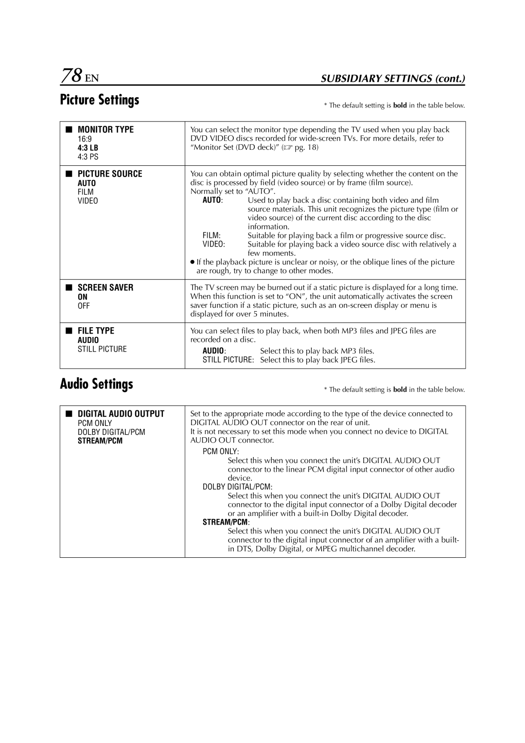 JVC HR-XVC26U manual 78 EN, Picture Settings, Audio Settings 