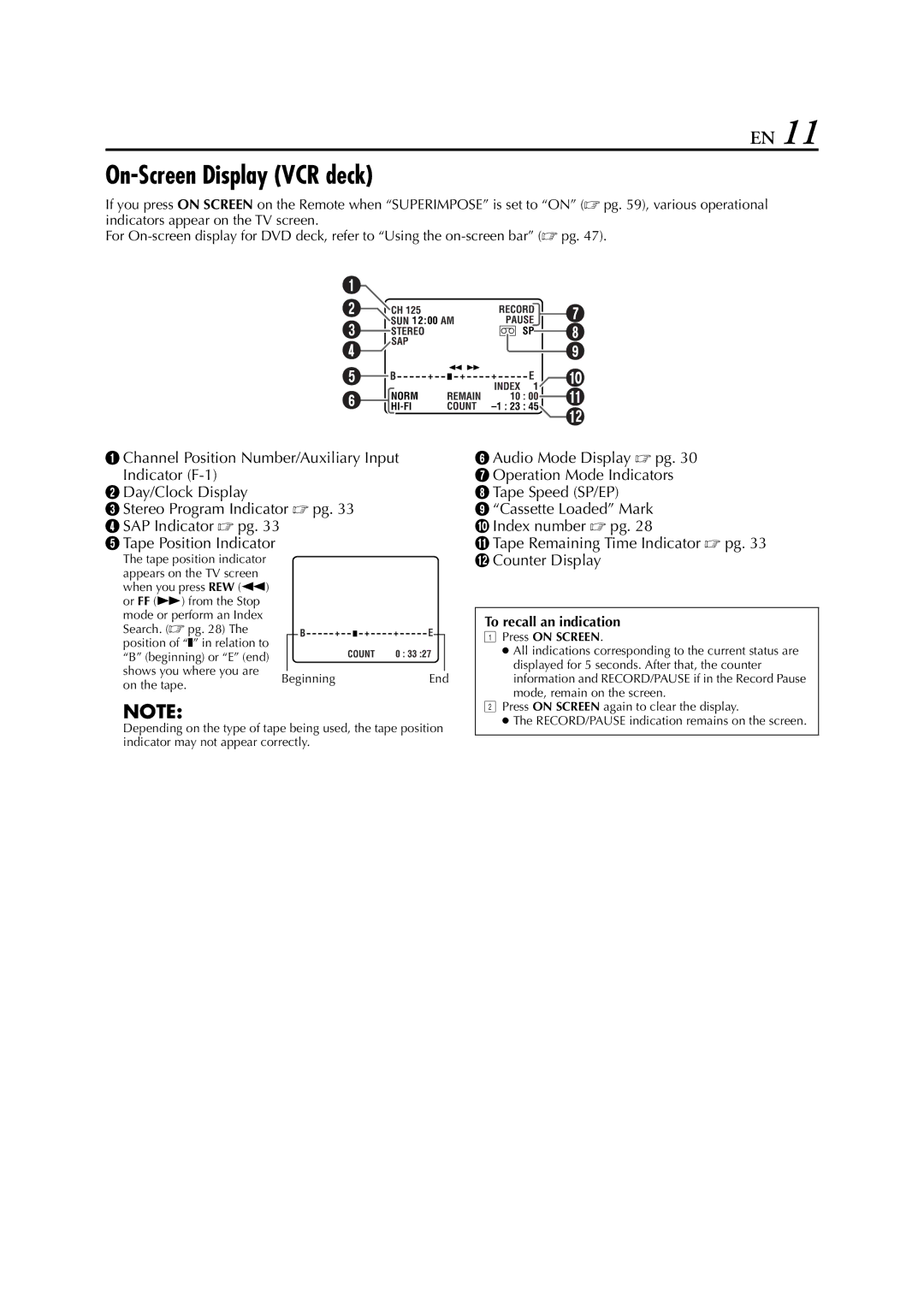 JVC HR-XVC29SU manual On-Screen Display VCR deck, To recall an indication, Shows you where you are Beginning, On the tape 