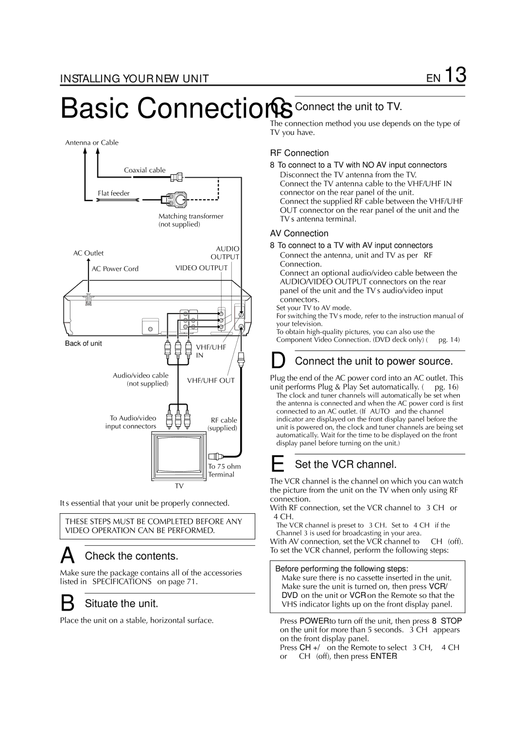 JVC HR-XVC29SU manual Check the contents, Situate the unit, Connect the unit to TV, Connect the unit to power source 