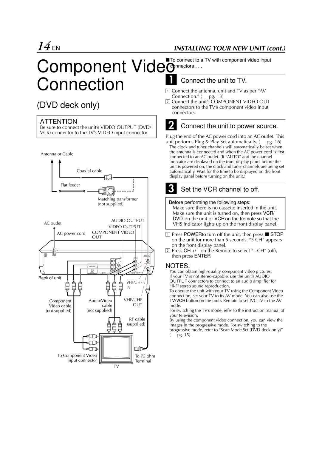 JVC HR-XVC29SU 14 EN, DVD deck only, Set the VCR channel to off, 8To connect to a TV with component video input connectors 