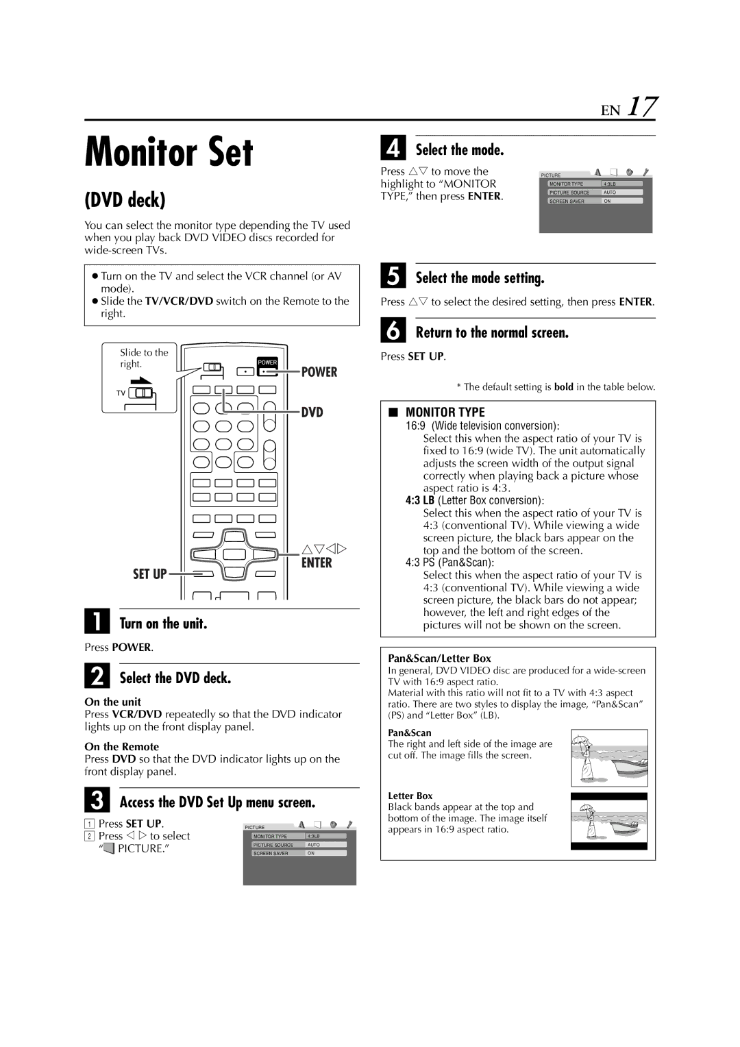 JVC HR-XVC29SU manual Monitor Set, DVD deck, Select the mode setting, Return to the normal screen 