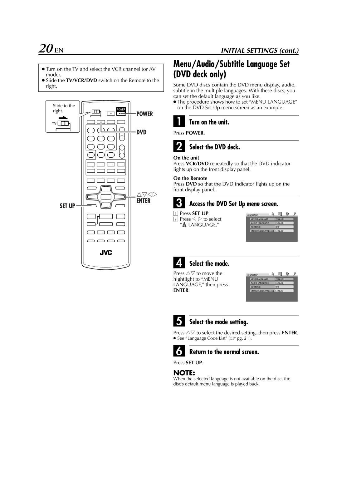 JVC HR-XVC29SU manual 20 EN, On the DVD Set Up menu screen as an example, Hightlight to Menu, See Language Code List  pg 