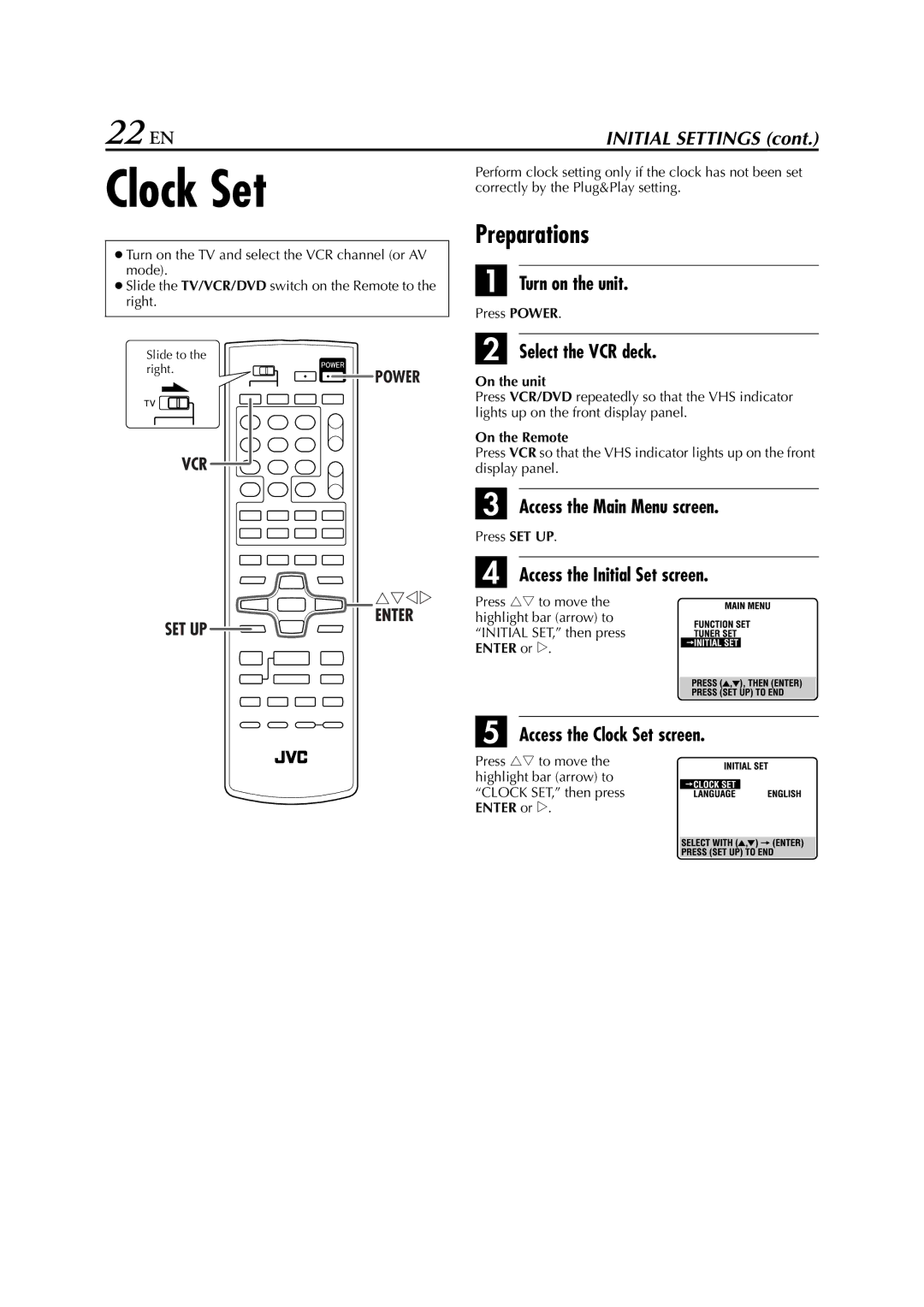 JVC HR-XVC29SU manual 22 EN, Preparations, Access the Clock Set screen 