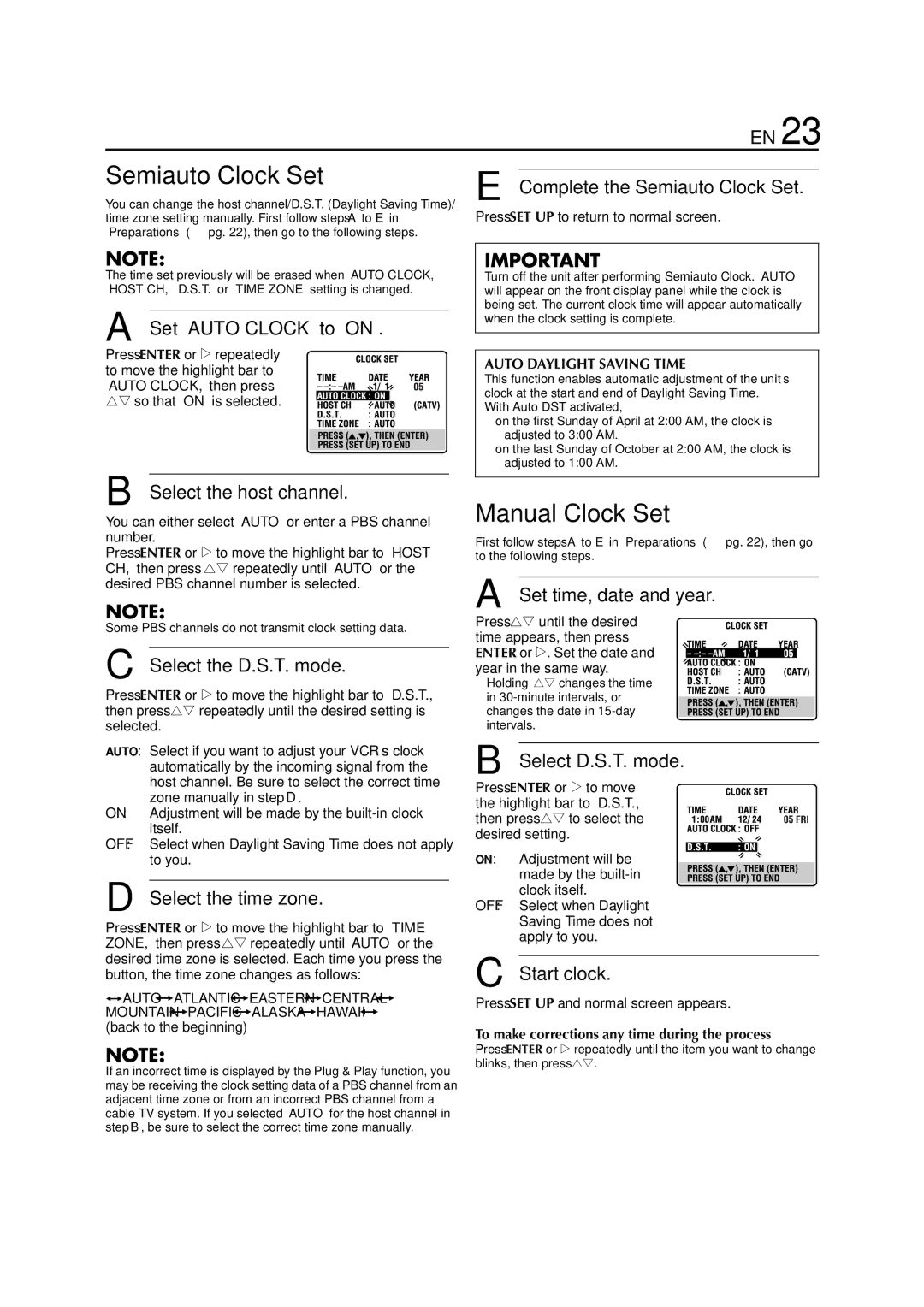 JVC HR-XVC29SU manual Semiauto Clock Set, Manual Clock Set 