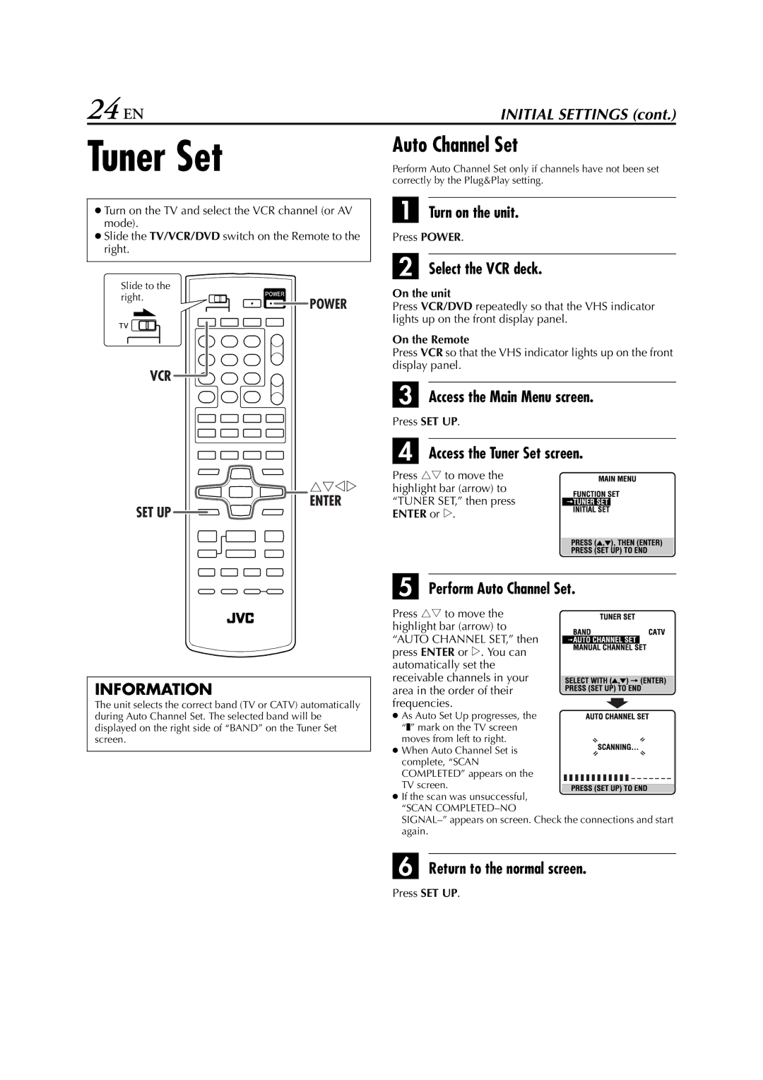 JVC HR-XVC29SU manual 24 EN, Access the Tuner Set screen, Perform Auto Channel Set 