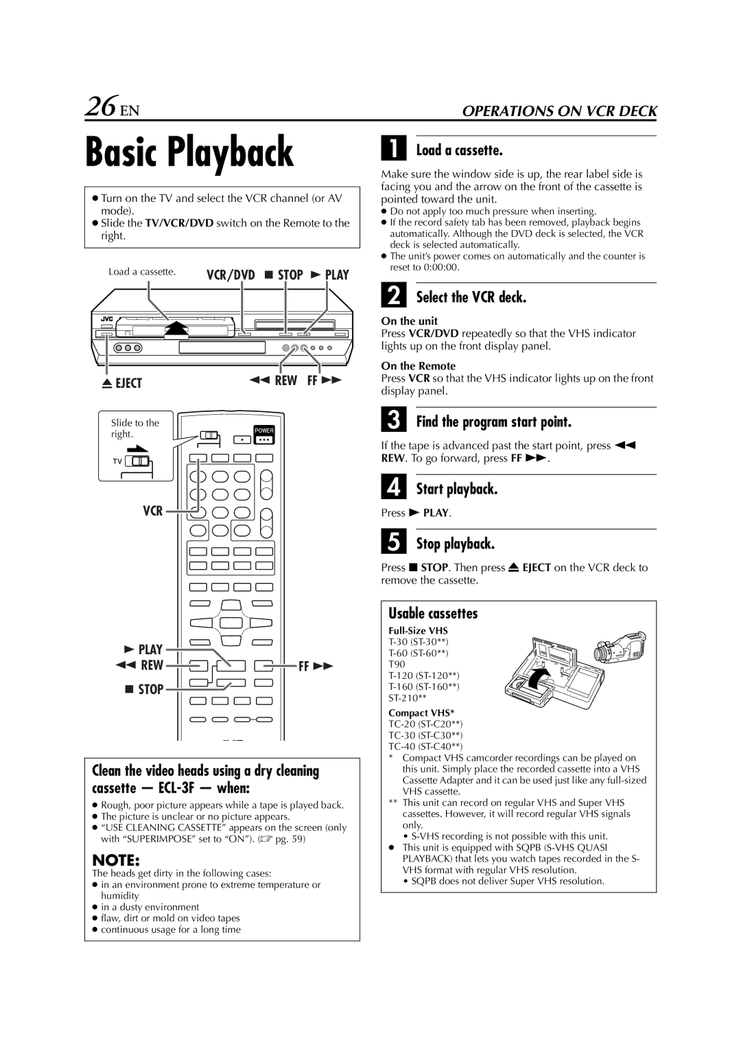 JVC HR-XVC29SU manual Basic Playback, 26 EN 