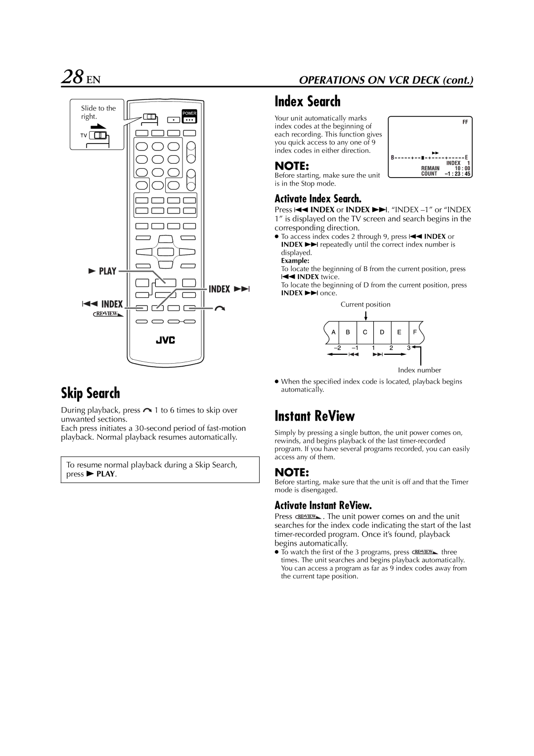 JVC HR-XVC29SU manual 28 EN, Skip Search, Index Search, Instant ReView 