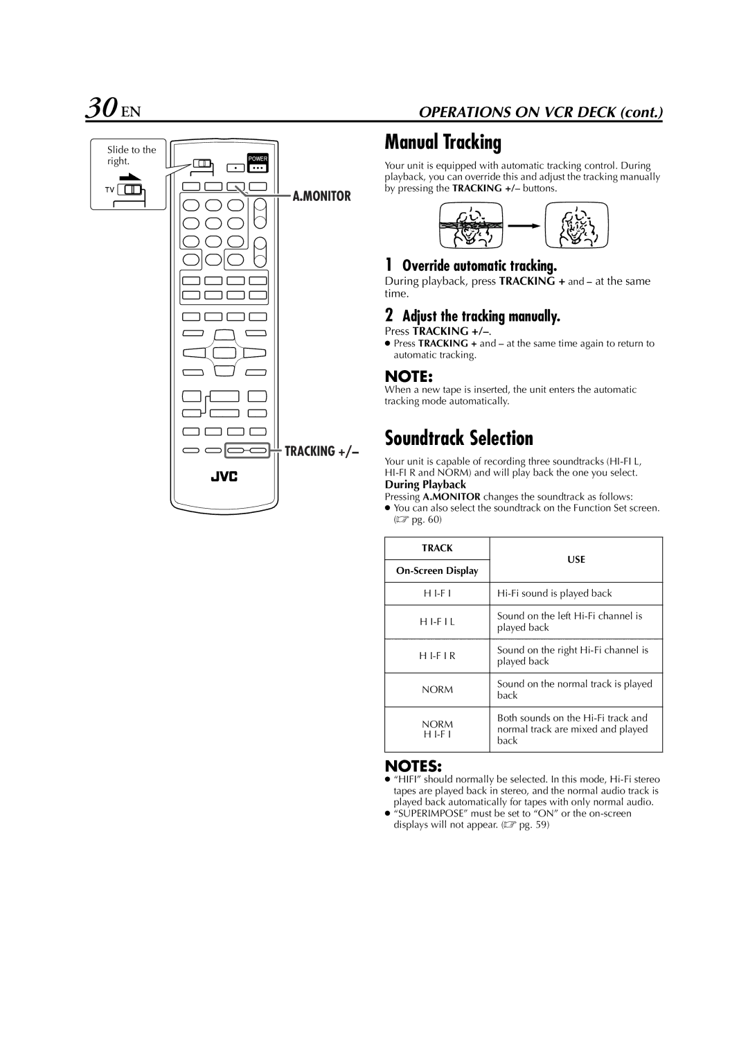 JVC HR-XVC29SU 30 EN, Manual Tracking, Soundtrack Selection, Override automatic tracking, Adjust the tracking manually 