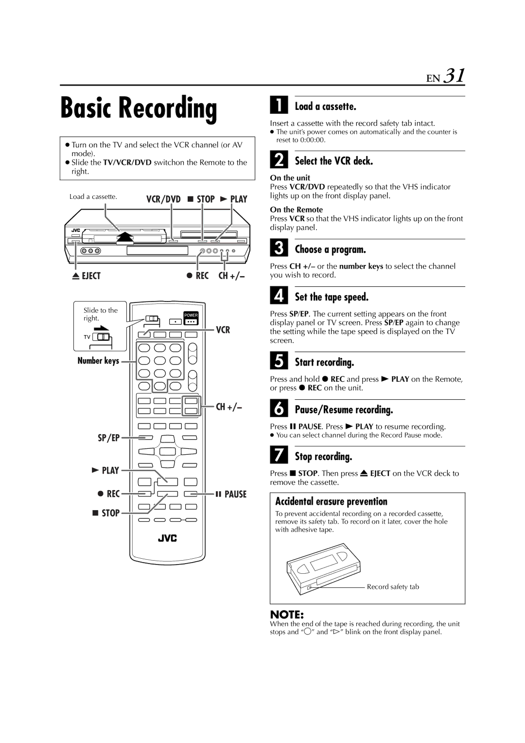 JVC HR-XVC29SU manual Choose a program, Set the tape speed, Start recording, Pause/Resume recording, Stop recording 