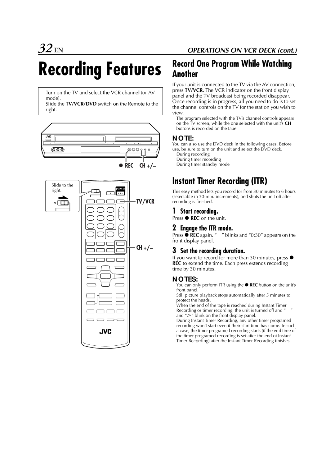 JVC HR-XVC29SU manual 32 EN, Record One Program While Watching Another, Instant Timer Recording ITR, Engage the ITR mode 