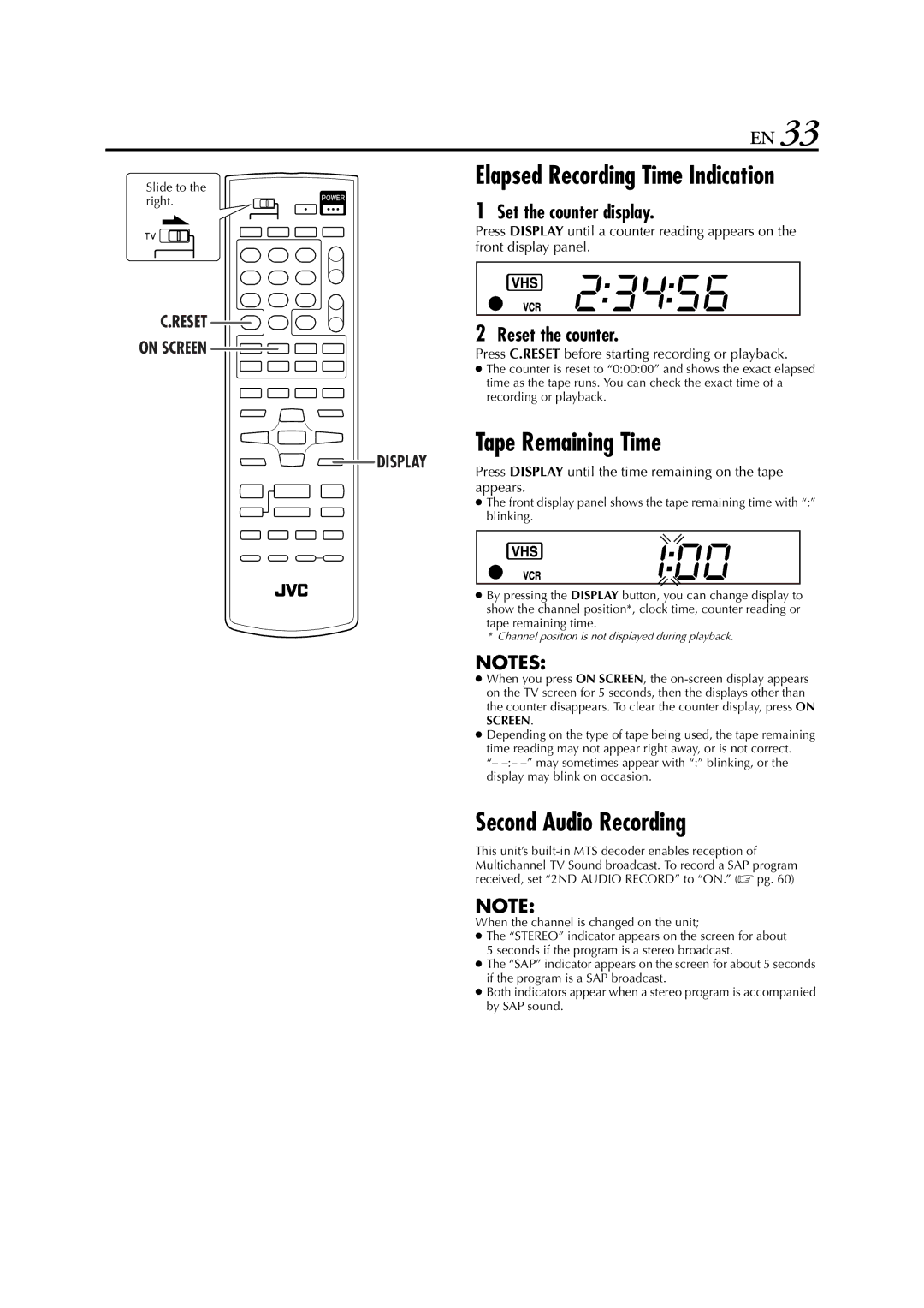 JVC HR-XVC29SU manual Tape Remaining Time, Second Audio Recording, Set the counter display, Reset the counter 