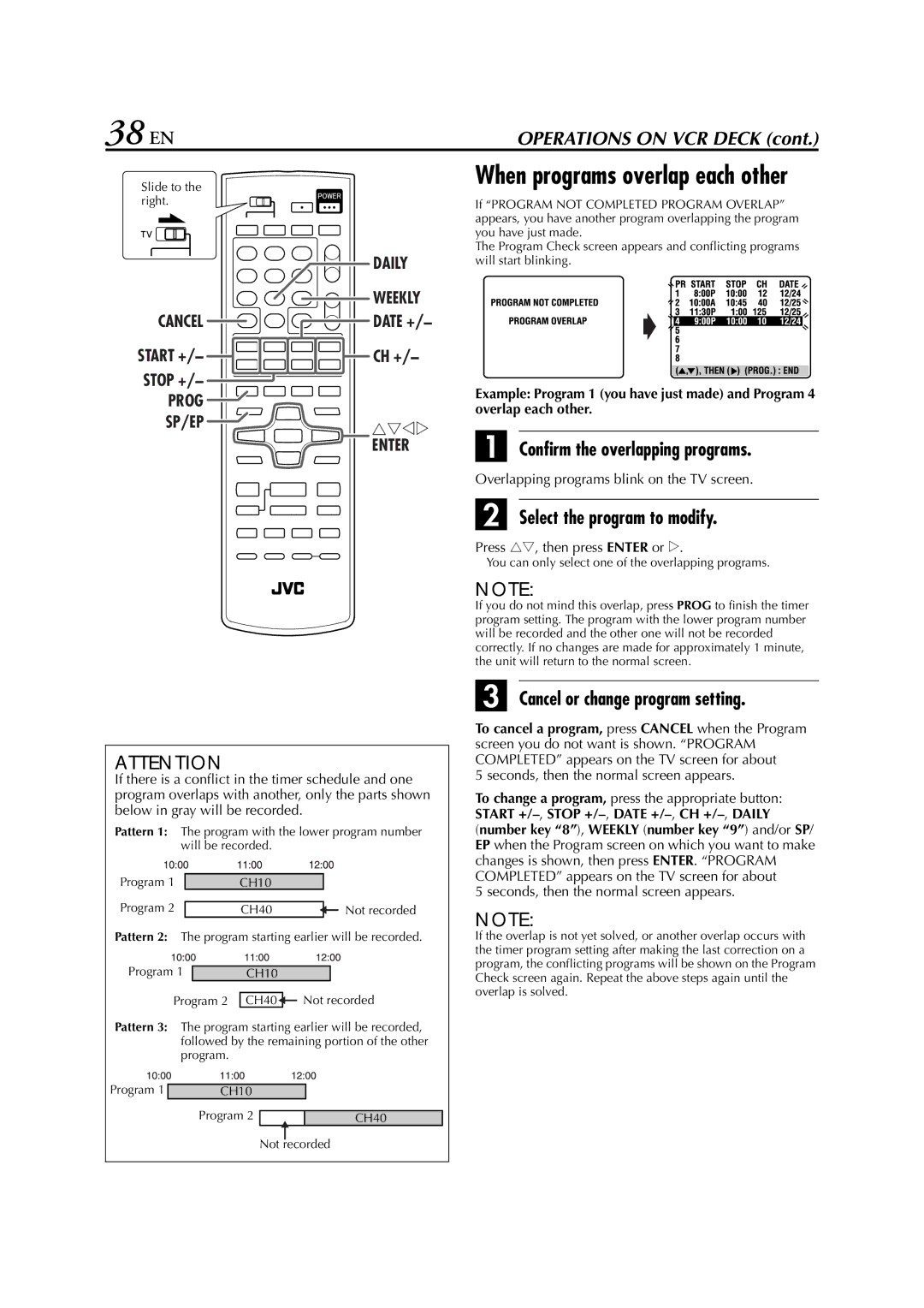 JVC HR-XVC29SU 38 EN, Confirm the overlapping programs, Select the program to modify, Cancel or change program setting 