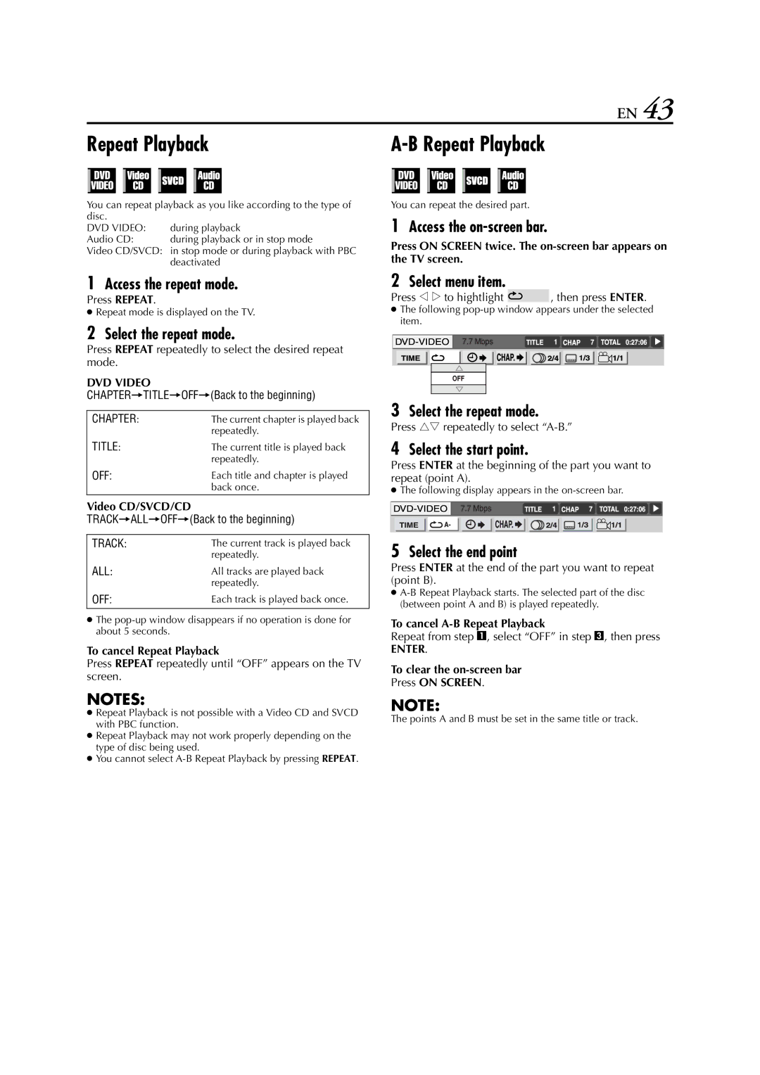 JVC HR-XVC29SU manual Access the repeat mode, Select the repeat mode, Access the on-screen bar, Select menu item 