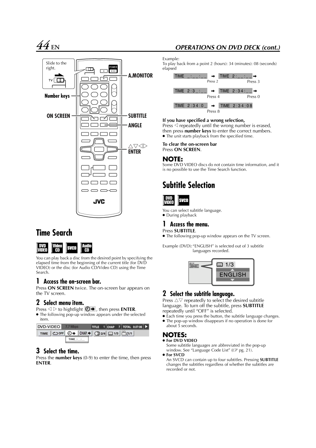 JVC HR-XVC29SU manual 44 EN, Time Search, Subtitle Selection 